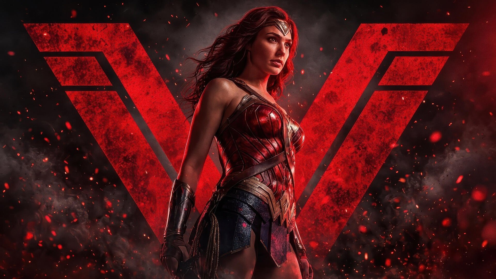 4K Ultra HD digital art PC wallpaper of Wonder Woman, superhero in armored costume: bold stance before a glowing red emblem, windblown hair and embers swirling amid a dark, smoky backdrop.