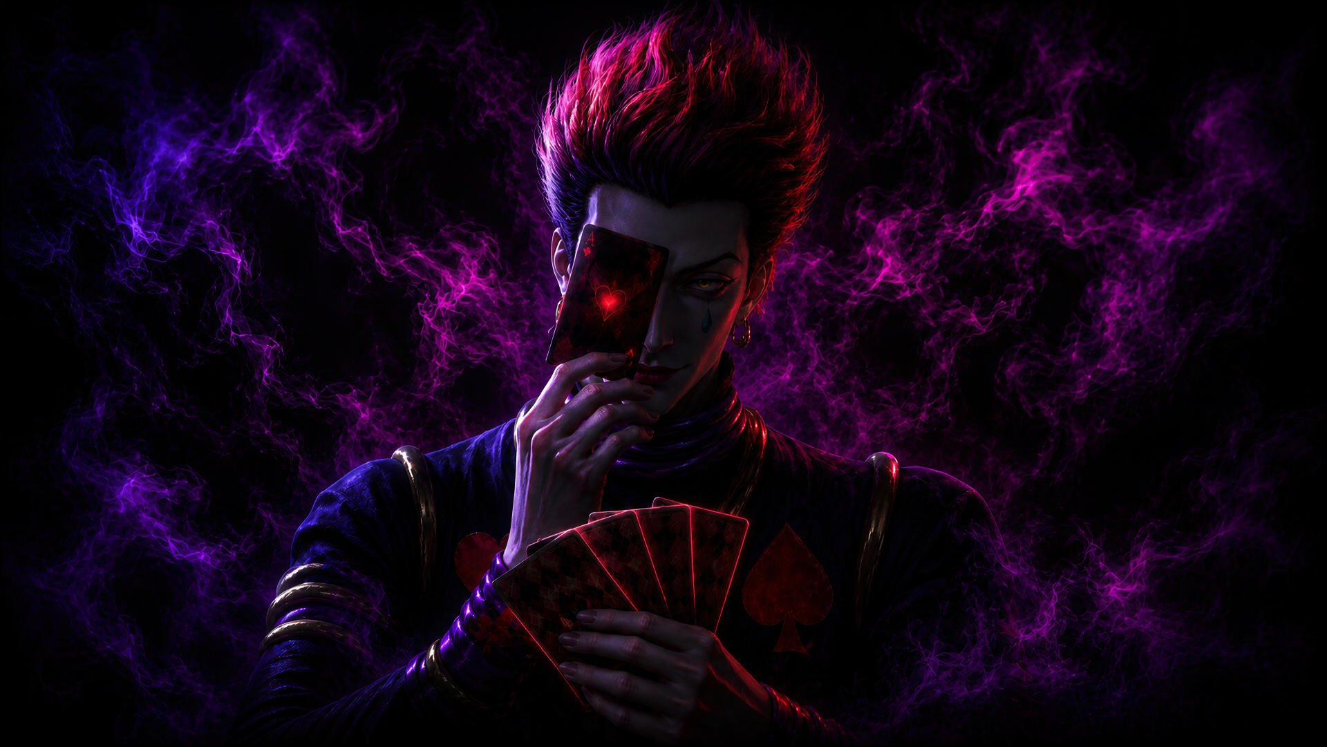 Hisoka (Hunter × Hunter) in a 4K Ultra HD PC desktop wallpaper: shadowed figure with a red glowing eye, hiding his face behind playing cards amid crackling purple energy.