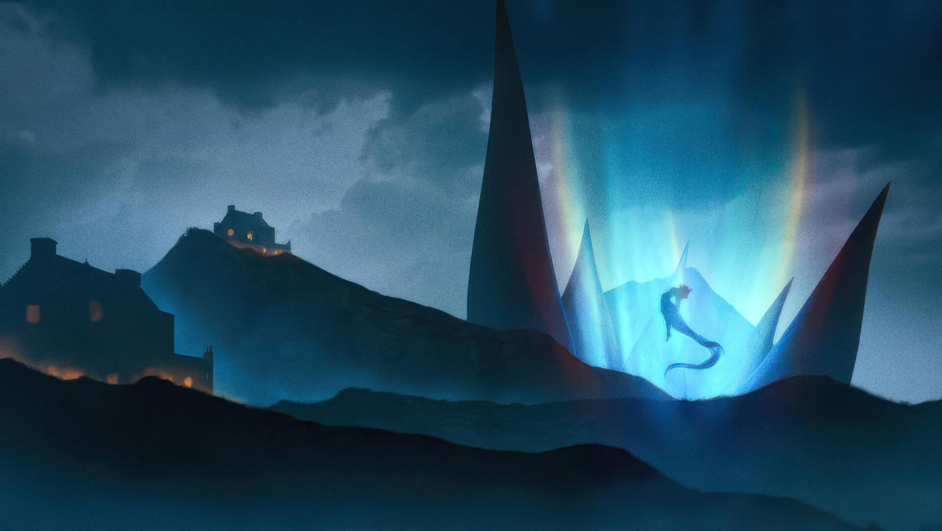 4K Ultra HD PC desktop wallpaper: a glowing mermaid silhouetted in shafts of light beneath a dramatic sky over misty coastal spires.