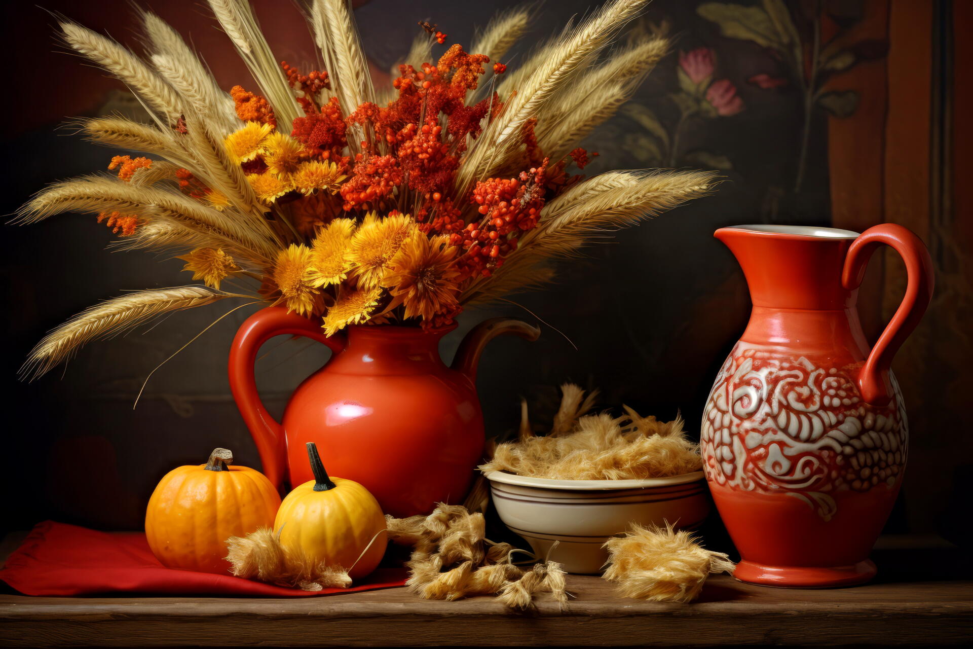 5K Ultra HD PC desktop wallpaper: autumn still life with a fall bouquet in an orange vase, patterned pitcher, pumpkins and dried grasses on a rustic tabletop.