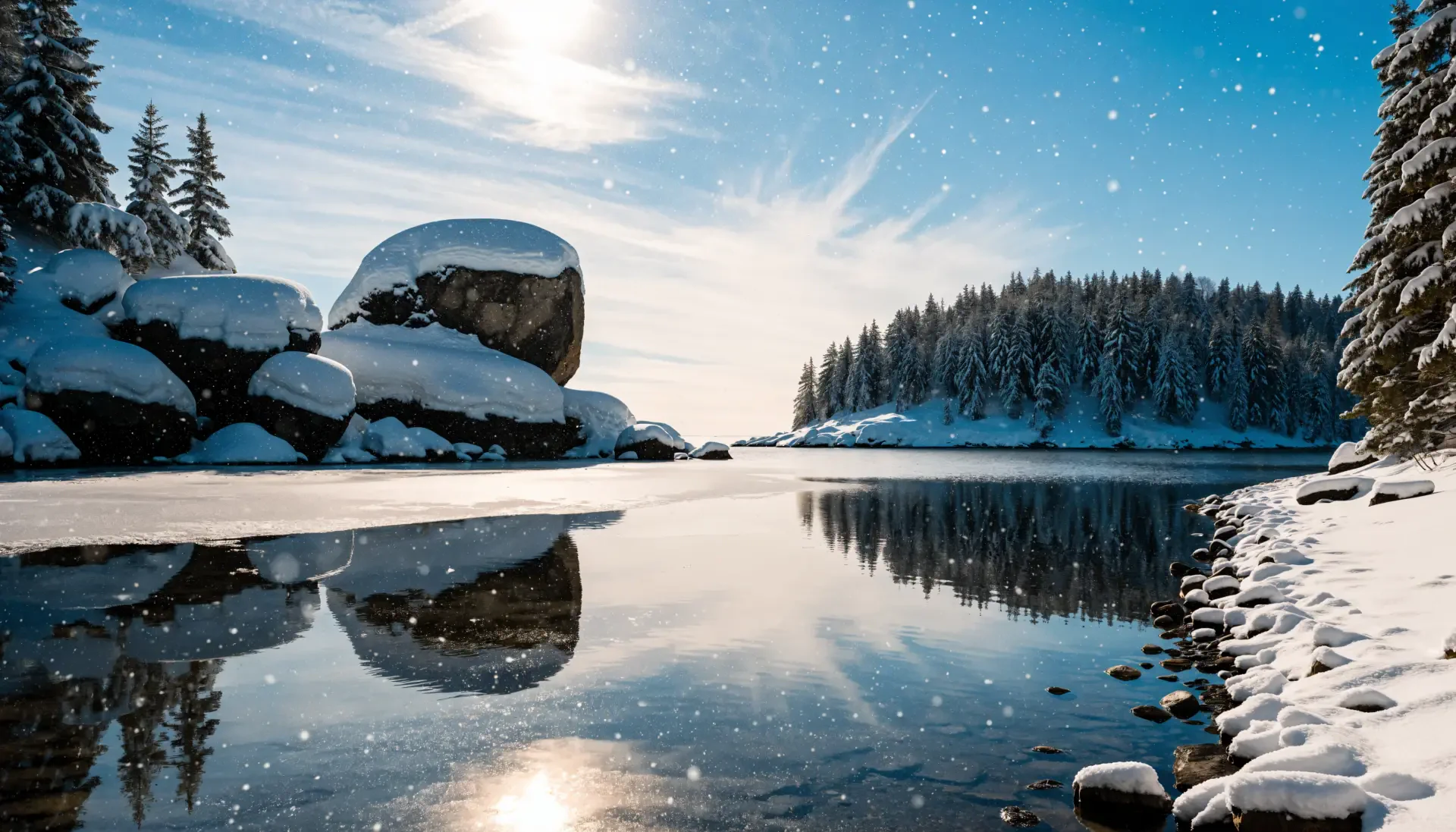 4K Ultra HD PC desktop wallpaper showcasing winter serenity: a snow-covered forest and boulders mirrored on a glassy lake beneath a bright, clear sky.