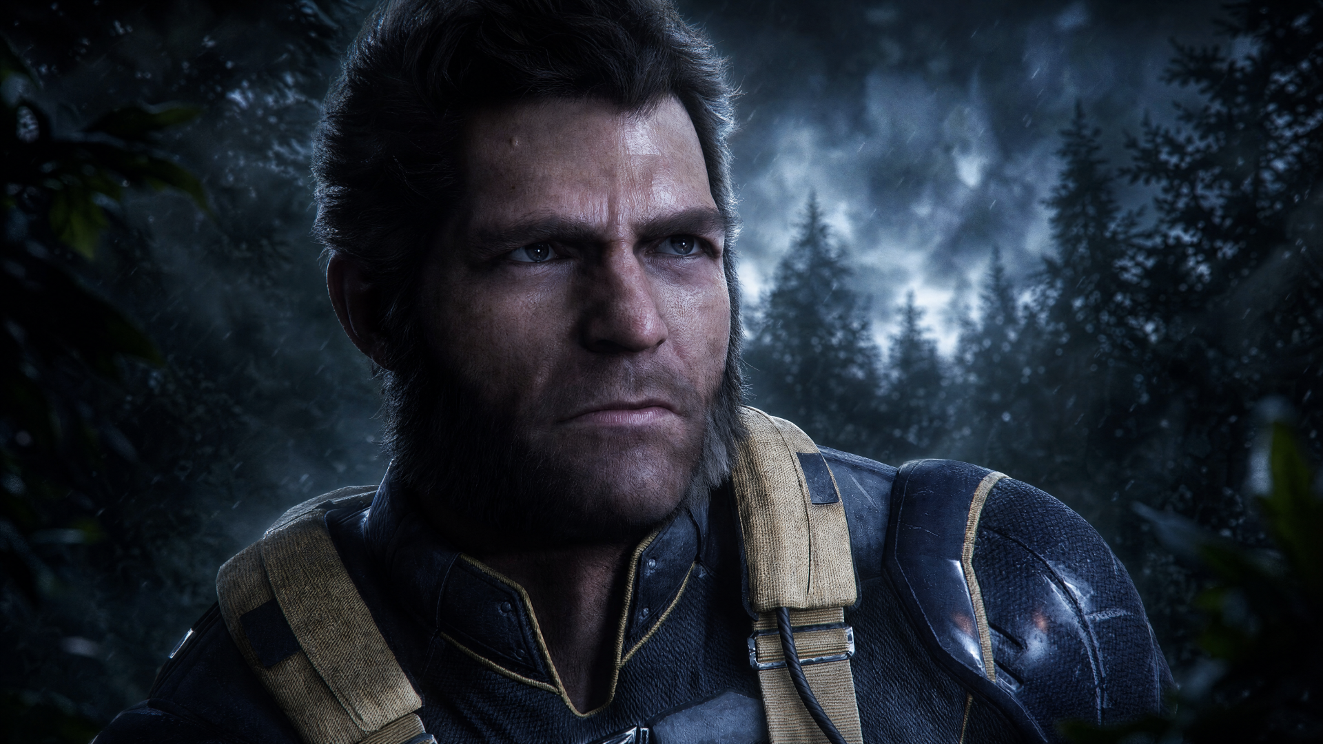 4K Ultra HD PC wallpaper of Marvel's Wolverine — a rugged X-Men soldier in tactical armor, stern face against a moonlit forest backdrop.