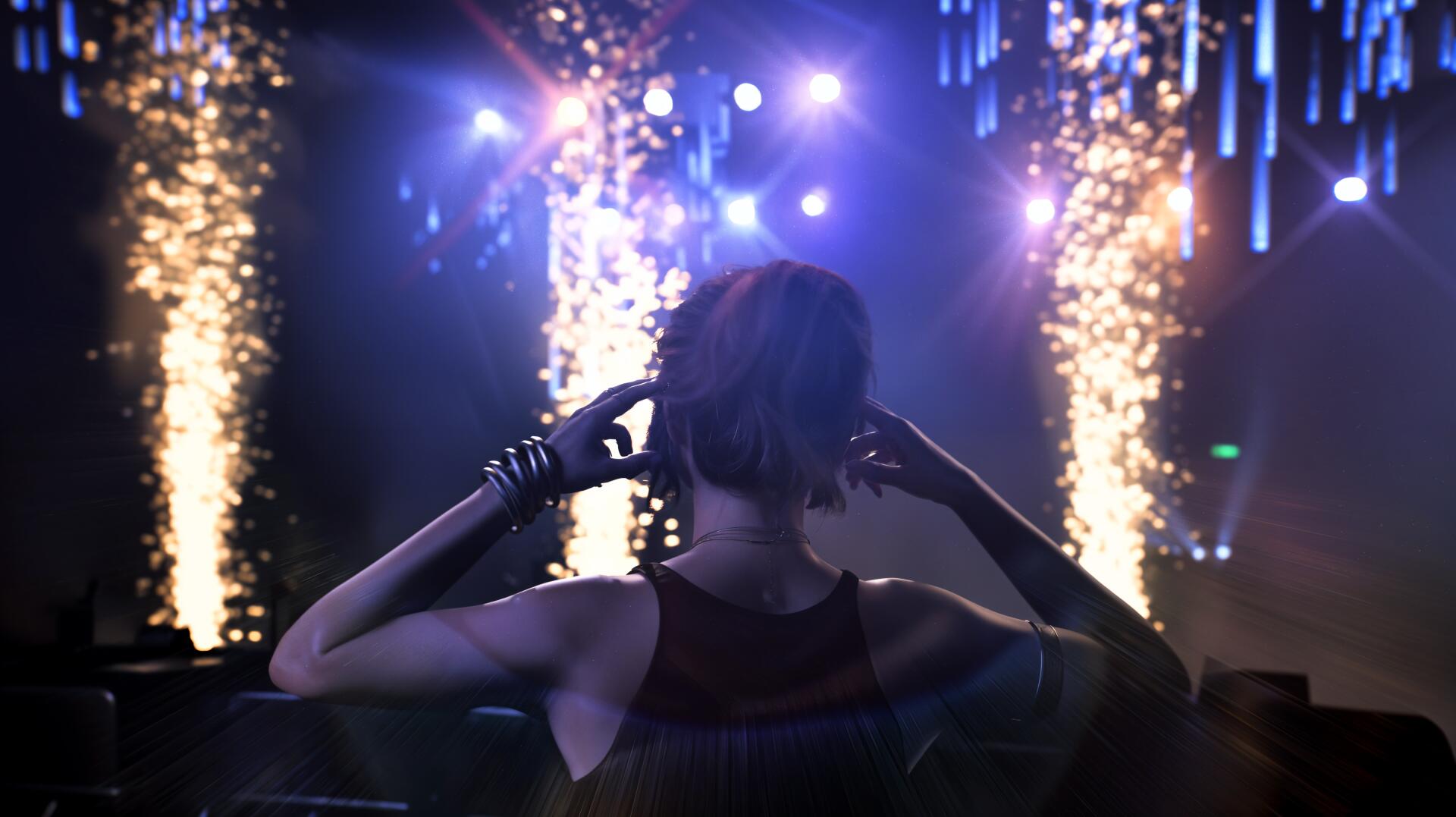 Until Dawn concert wallpaper, silhouetted performer on stage with pyrotechnics and blue-purple lights, 4K Ultra HD PC desktop background.