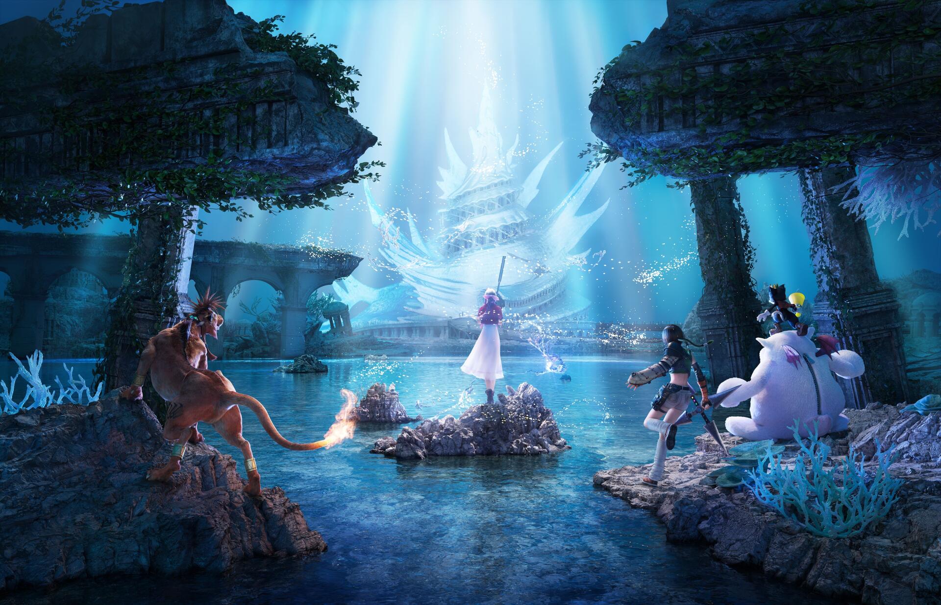 4K Ultra HD Final Fantasy wallpaper: Aerith stands at a glowing altar bathed in blue light while Yuffie Kisaragi, Red XIII and allies watch amid glowing ruins and shimmering water.