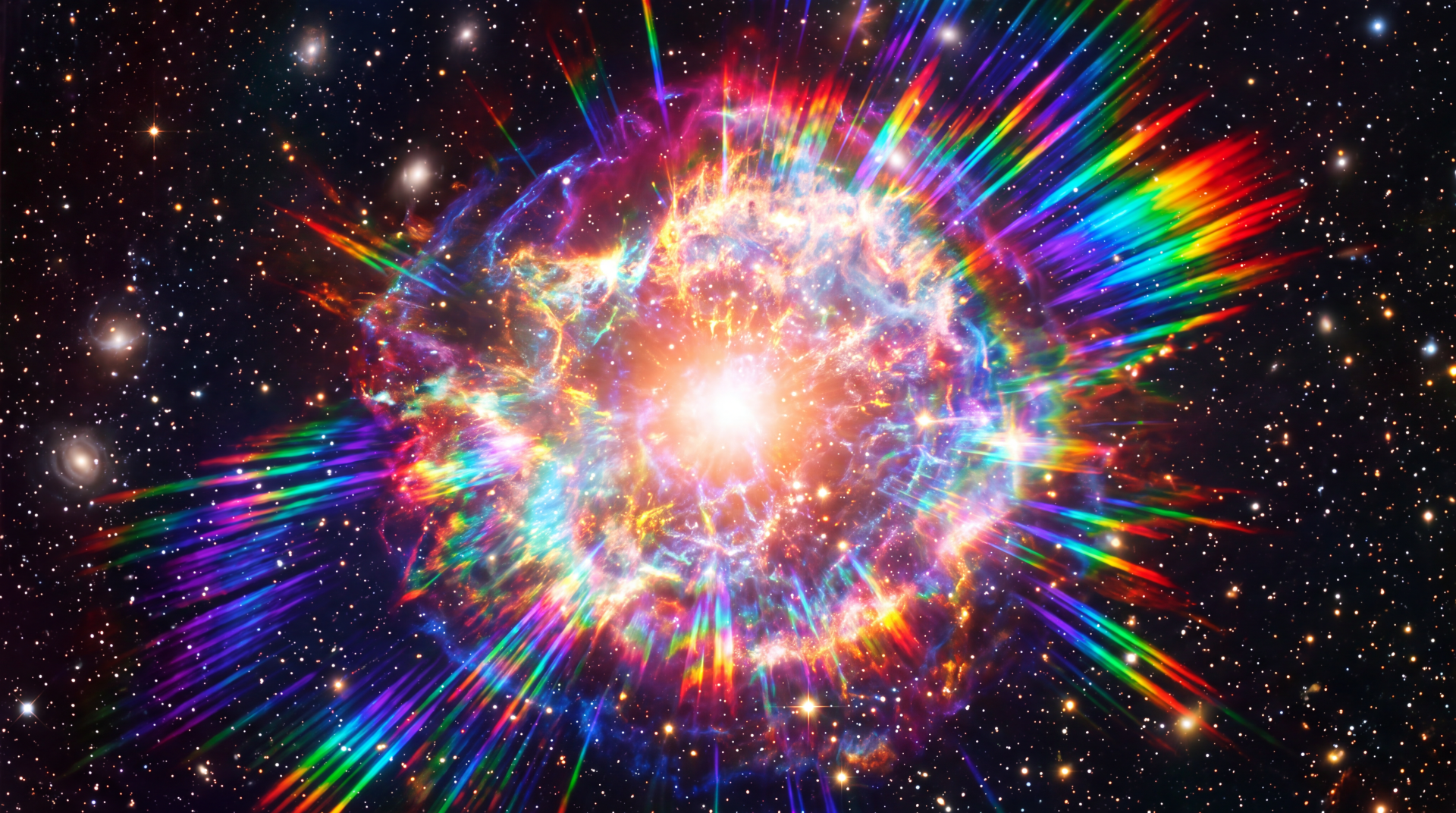Colorful supernova explosion radiating rainbow beams across deep space — 5K Ultra HD PC desktop wallpaper and background.