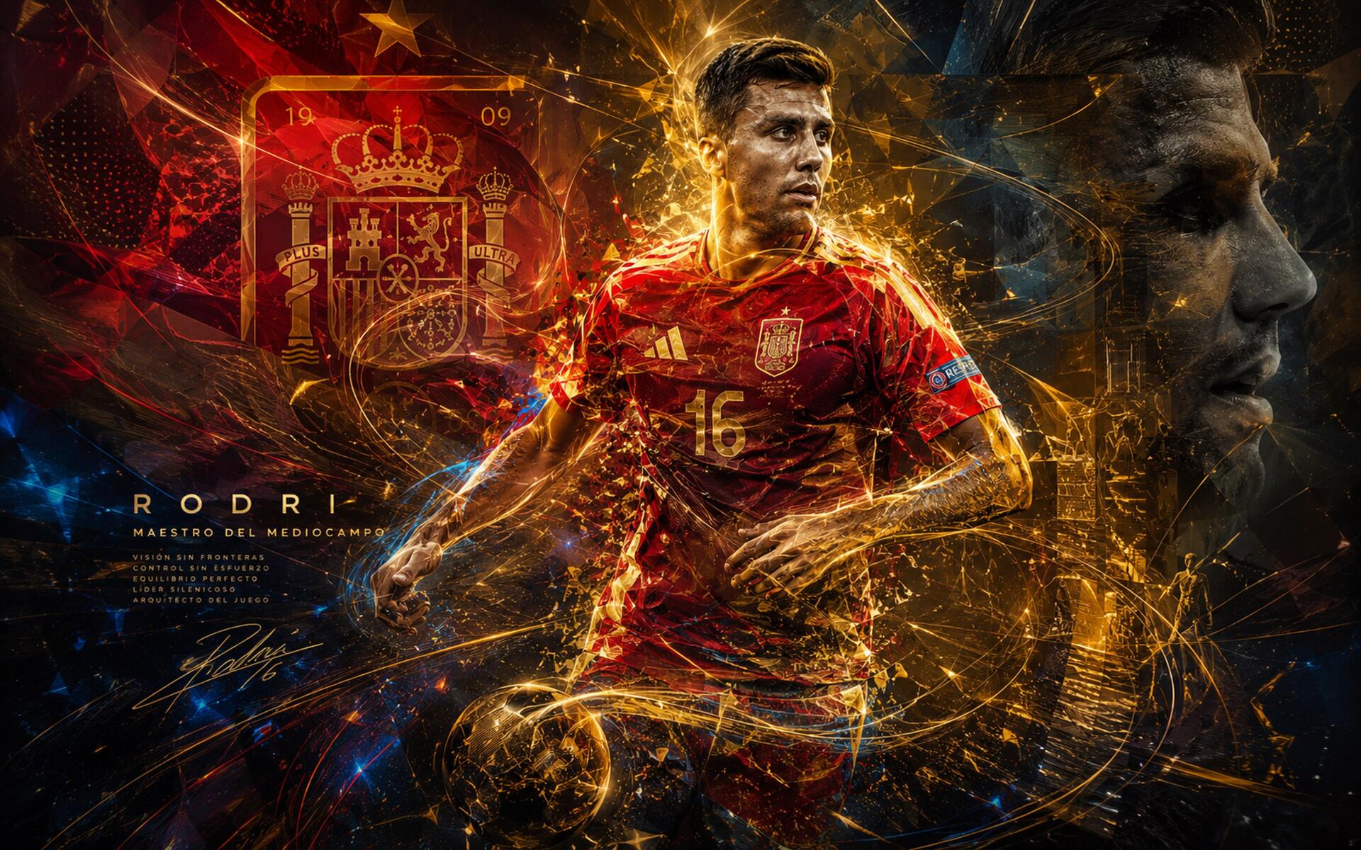 4K Ultra HD PC desktop wallpaper of a Spanish soccer midfielder in a red Spain kit, surrounded by fiery golden effects and the national crest — intense sports action portrait