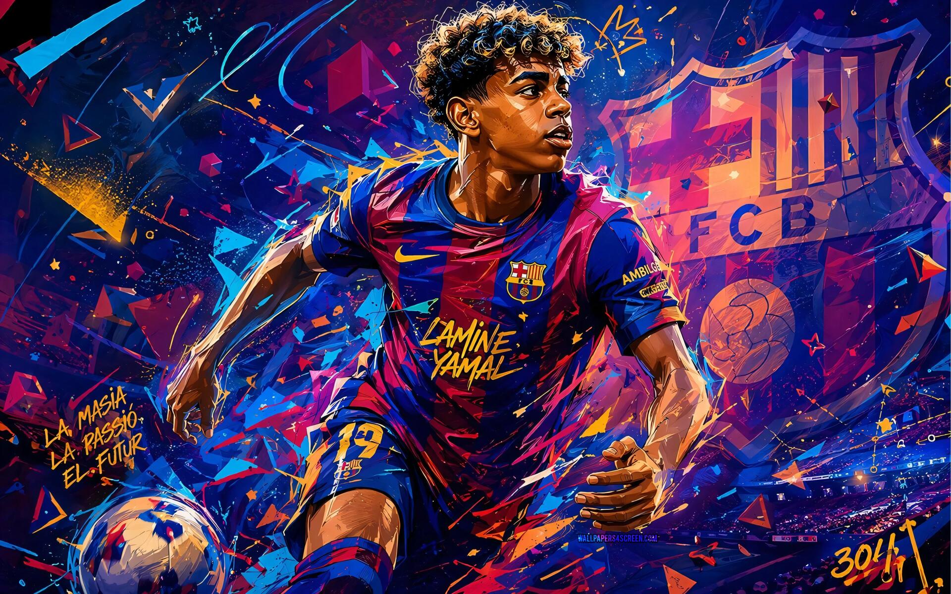 4K PC desktop wallpaper of an FC Barcelona soccer player sprinting with the ball, vivid colors, dynamic motion and the club crest in the energetic background.