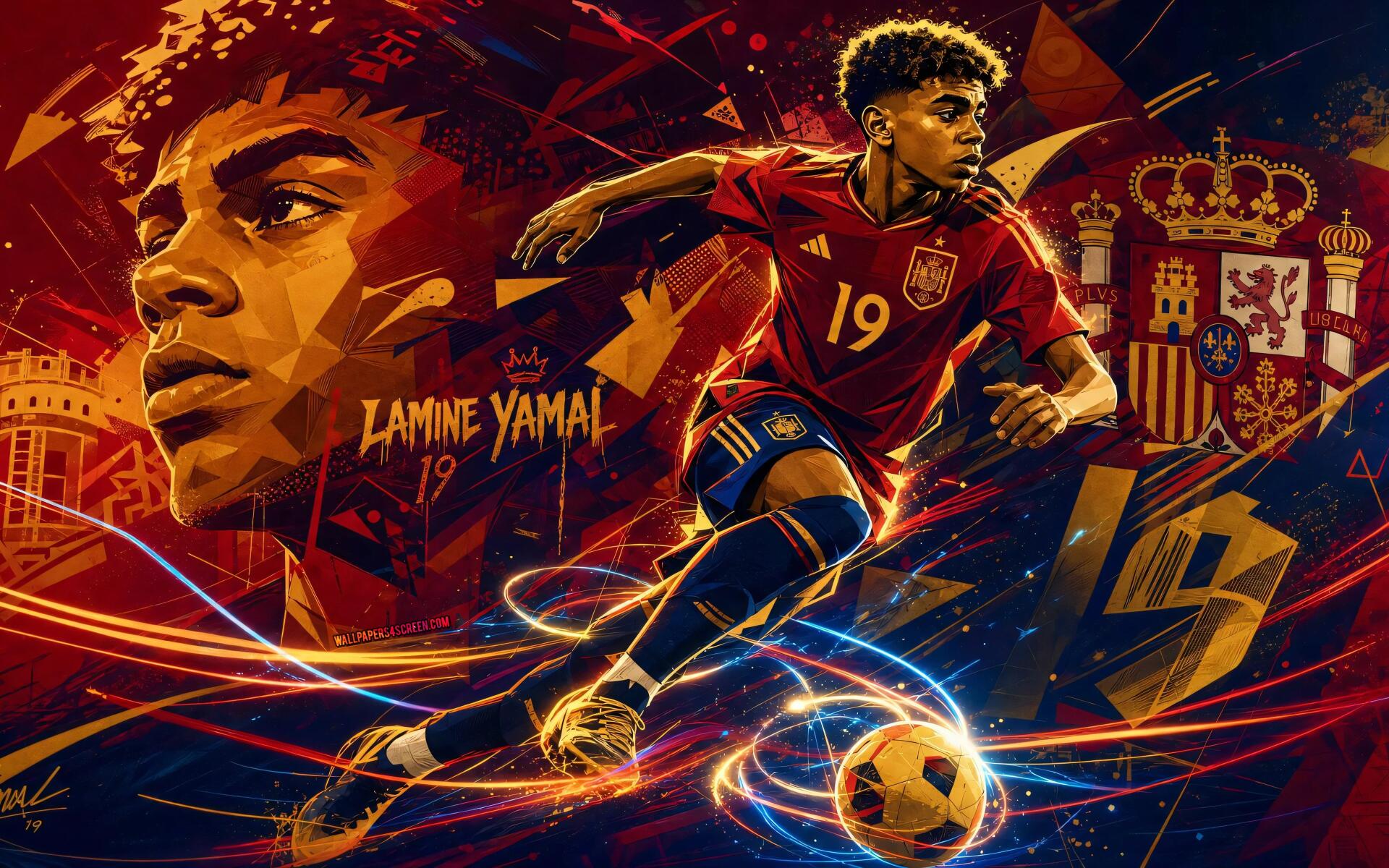 4K Ultra HD PC wallpaper: dynamic montage of a young Spanish soccer player in red #19 kit dribbling a ball, with the Spanish crest and vivid motion trails in a sports-themed design.