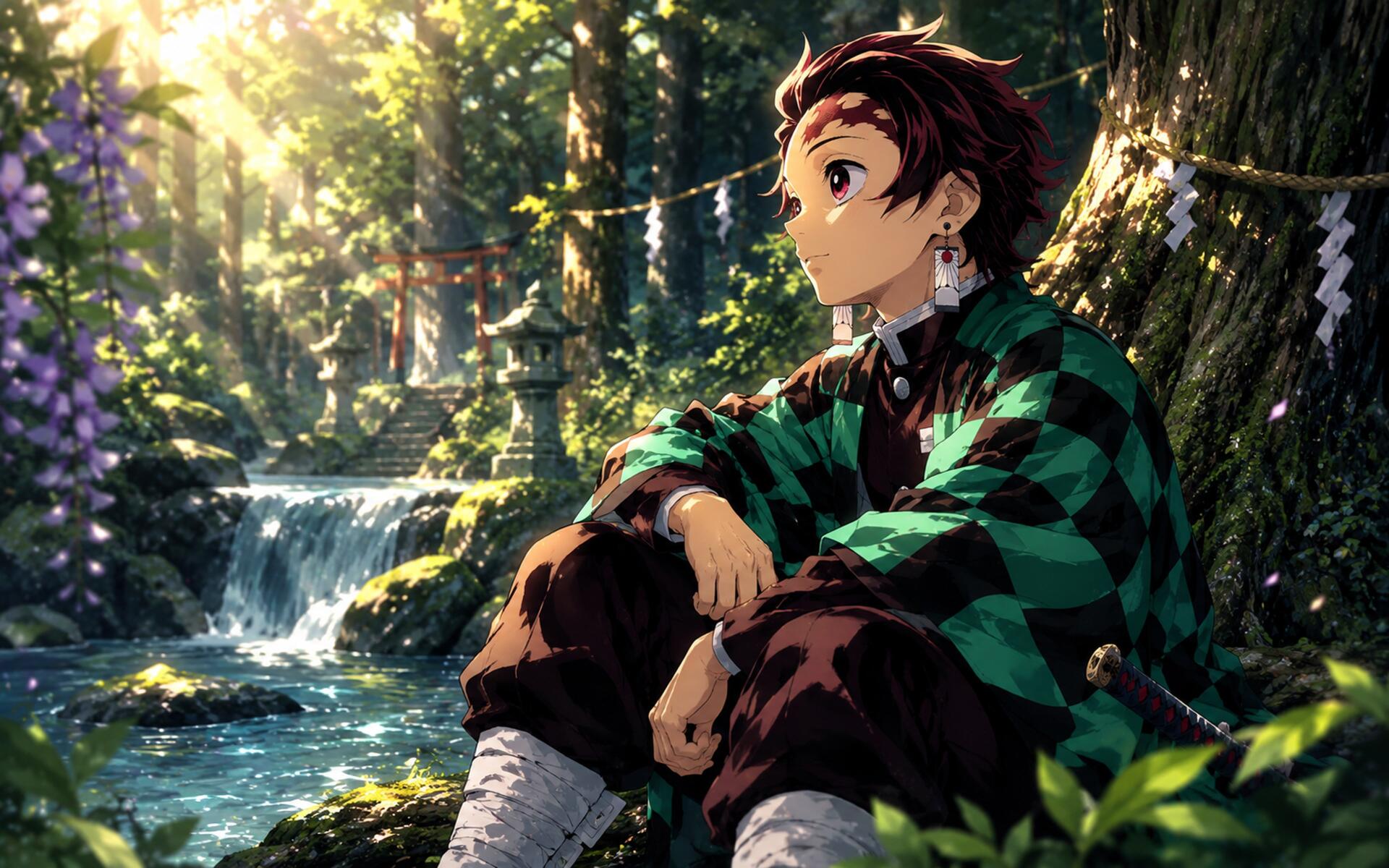 Tanjiro Kamado (anime) sits by a sunlit forest stream in his green checkered haori, looking contemplative; lush foliage and a waterfall rendered for a 4K Ultra HD PC desktop wallpaper background.