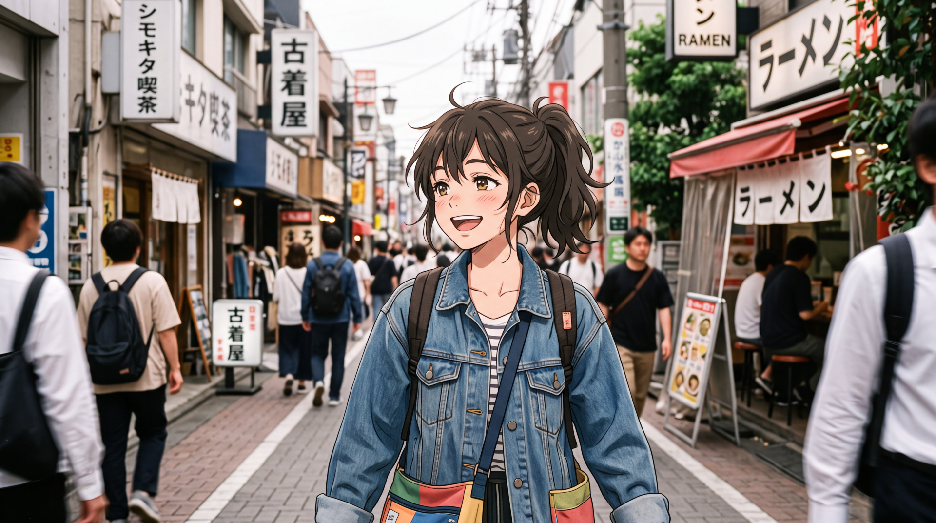 Smiling anime girl in a denim jacket walking down a bustling Japanese street — vibrant 5K Ultra HD PC desktop wallpaper/background.
