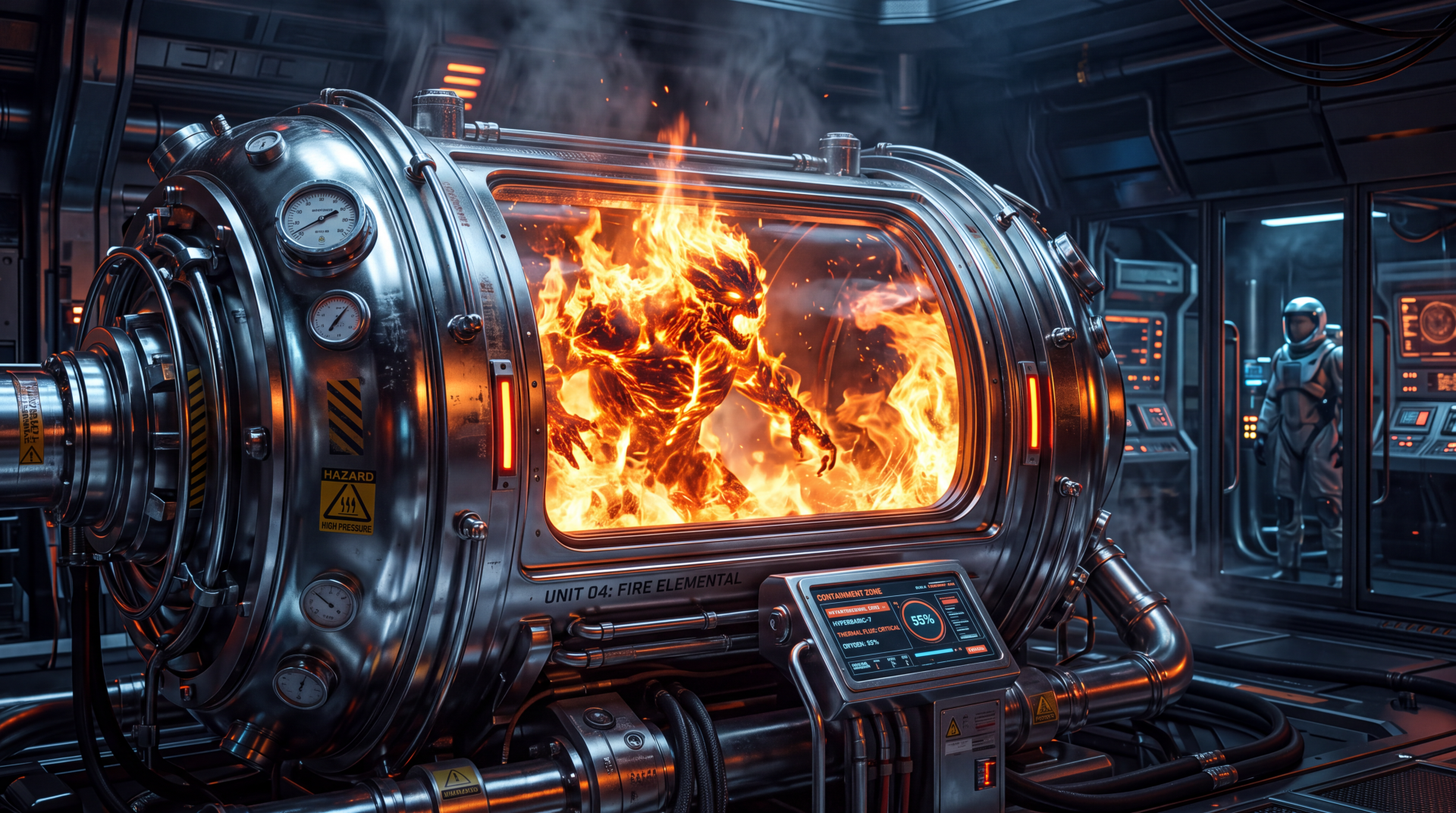 5K Ultra HD PC desktop wallpaper and background of a fire elemental bursting in an explosion inside a steel containment machine in a sci-fi lab.