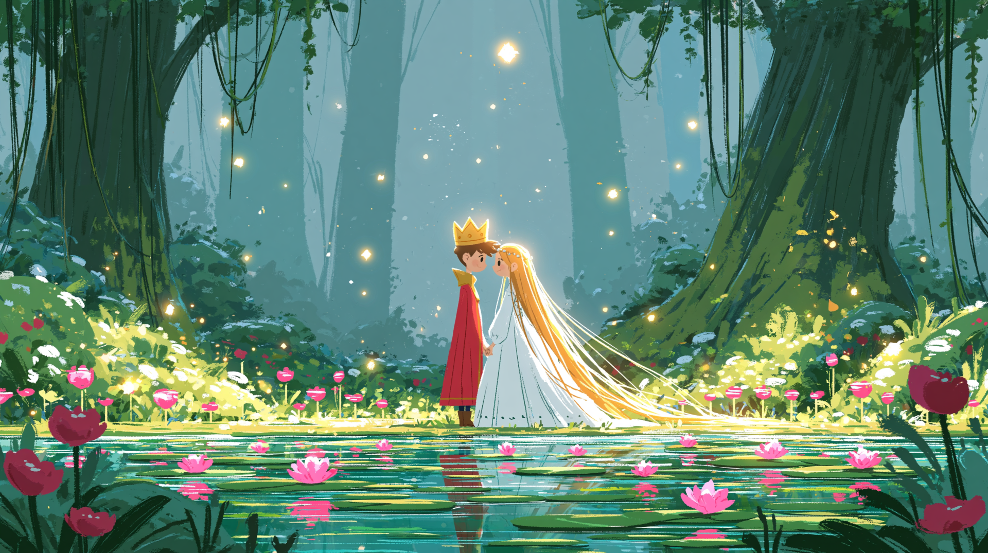 Fantasy royalty love 2K Quad HD PC wallpaper of a crowned prince and princess embracing in an enchanted forest pond, surrounded by glowing fireflies and pink lotus blossoms.
