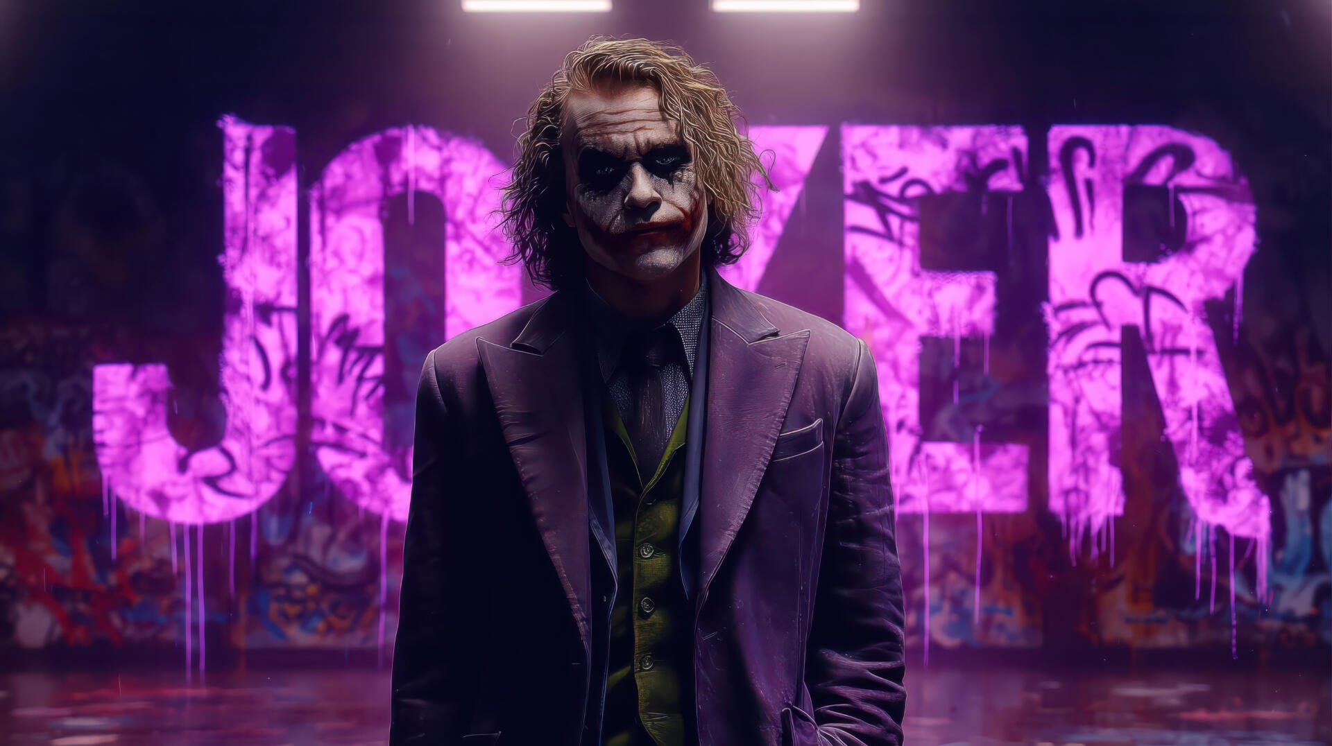 Dark 2K Quad HD PC desktop wallpaper of the Joker grinning menacingly under neon lights, standing before a graffiti-splashed wall with JOKER glowing in purple.