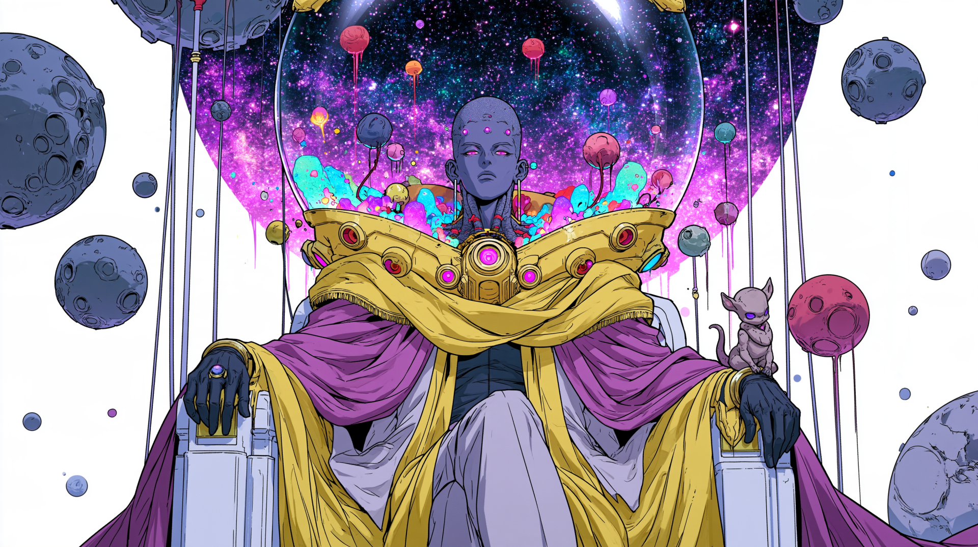 Sci‑fi alien emperor villain seated on an ornate throne, purple‑gold robes and a glass bubble helmet, cosmic nebula and floating planets behind — 2K Quad HD PC desktop wallpaper and background.