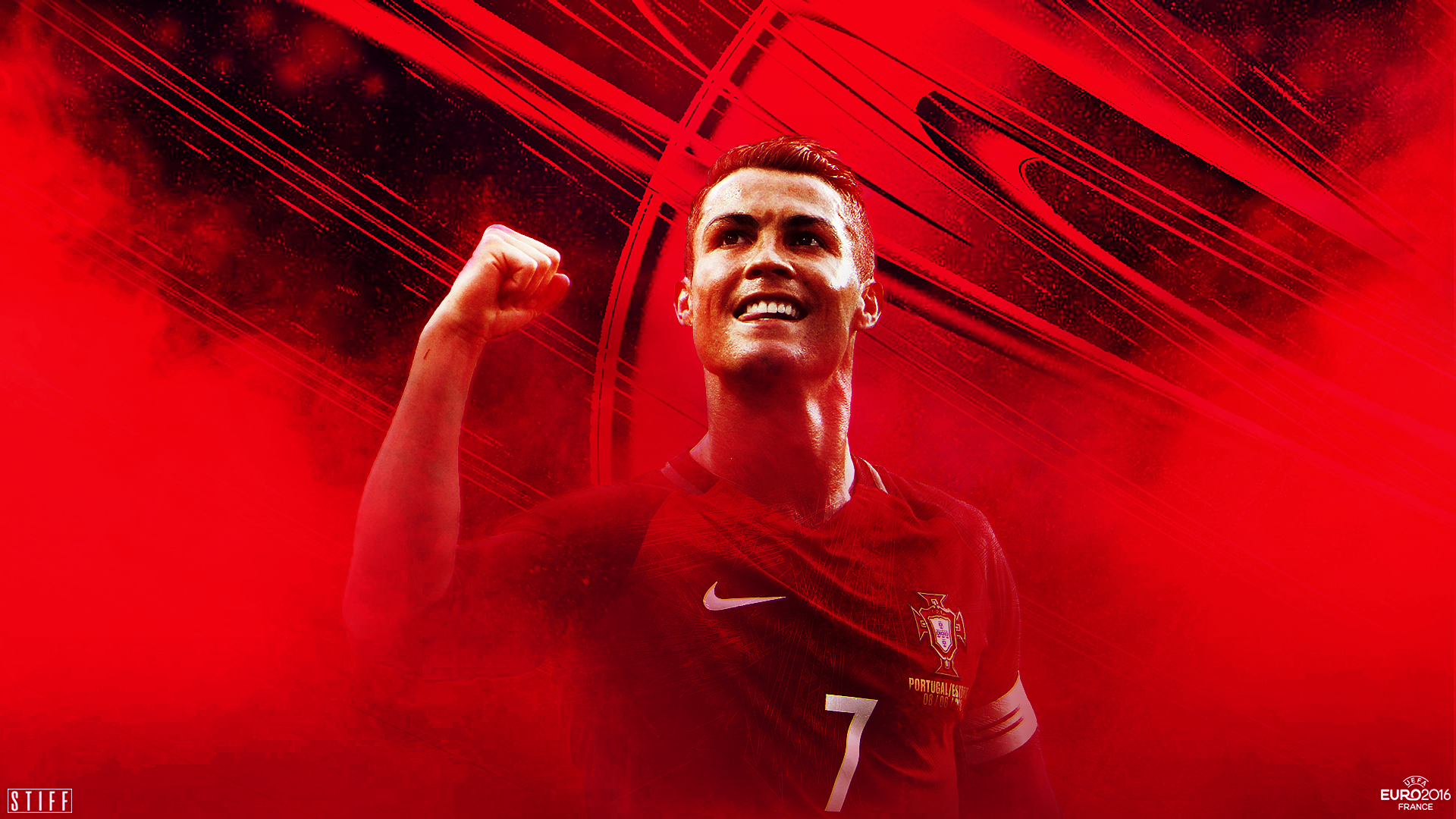 HD PC desktop wallpaper of a triumphant soccer forward in a red #7 jersey, fist raised amid dynamic red streaks and smoke — sports-themed background.