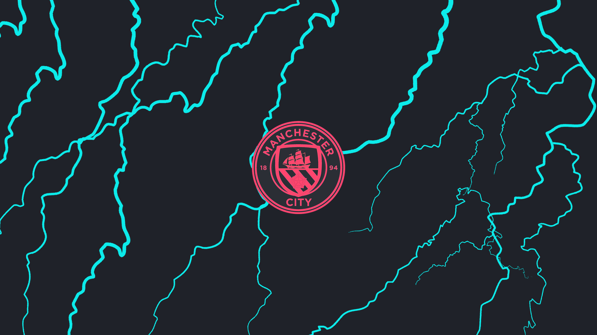 2K Quad HD PC desktop wallpaper showing the Manchester City F.C. pink crest centered on a dark background with turquoise, lightning-like streaks.