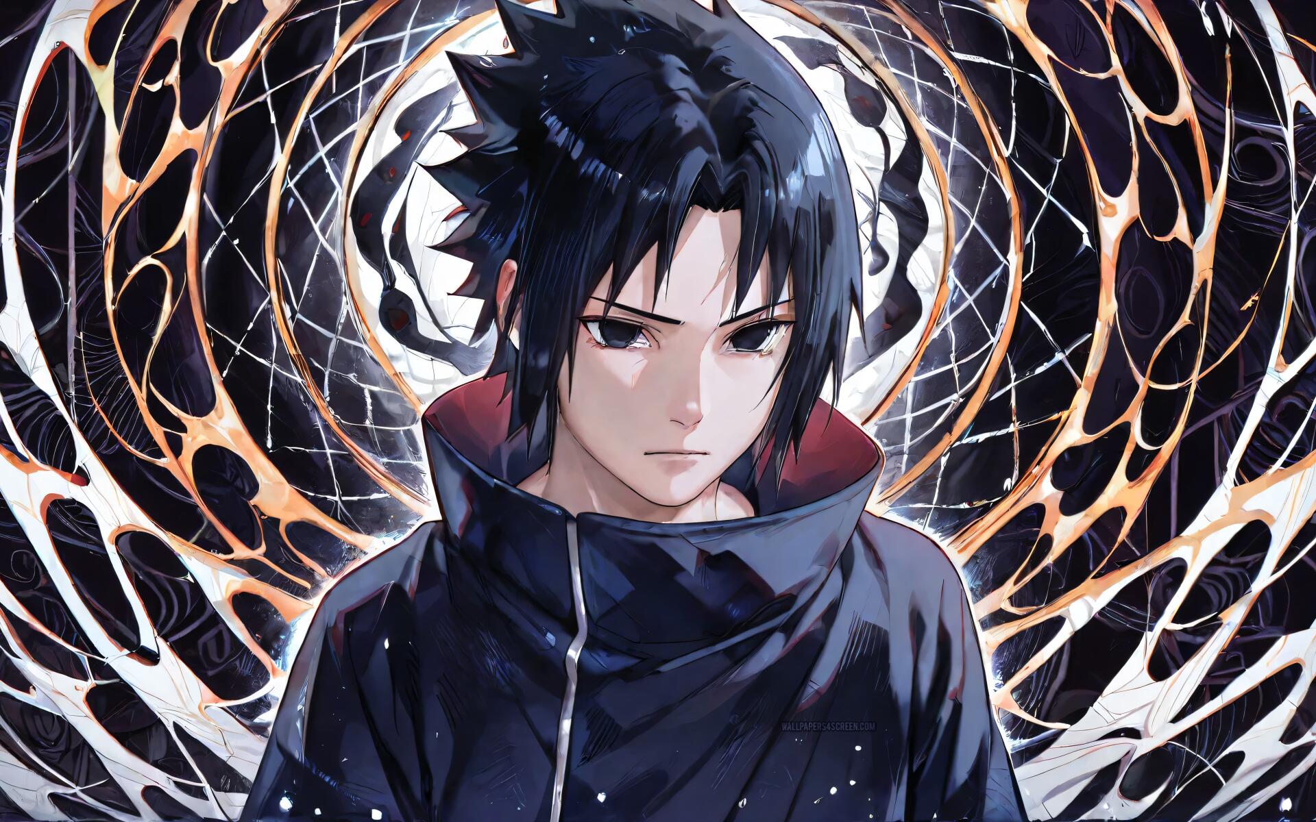 Sasuke Uchiha from Naruto, serious expression before a swirling Sharingan-inspired backdrop — 4K Ultra HD PC desktop wallpaper/background.