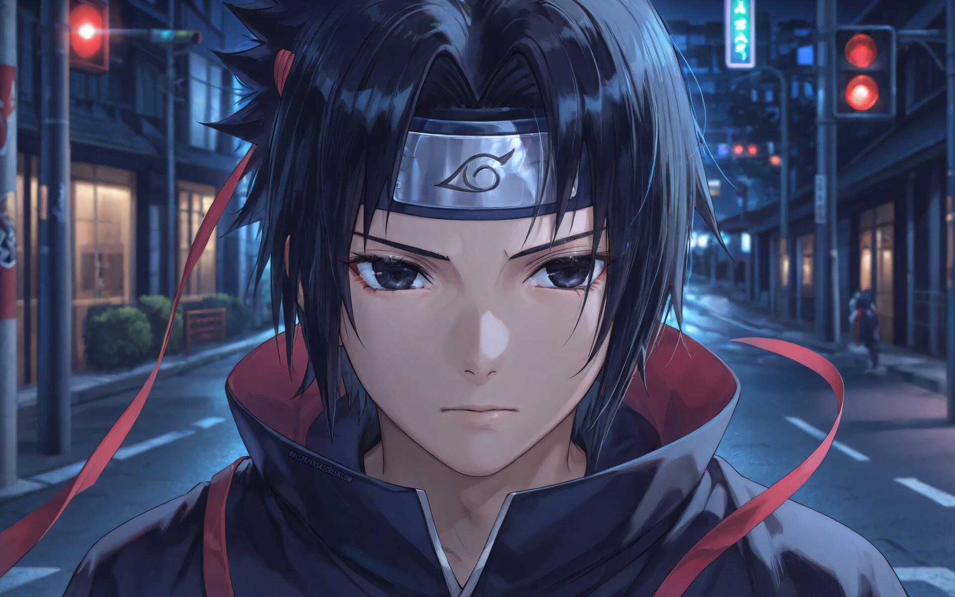 Sasuke Uchiha (Naruto) 4K Ultra HD PC desktop wallpaper — stoic close-up at night, Konoha headband, dark hair and red-trimmed cloak against a neon-lit city street.