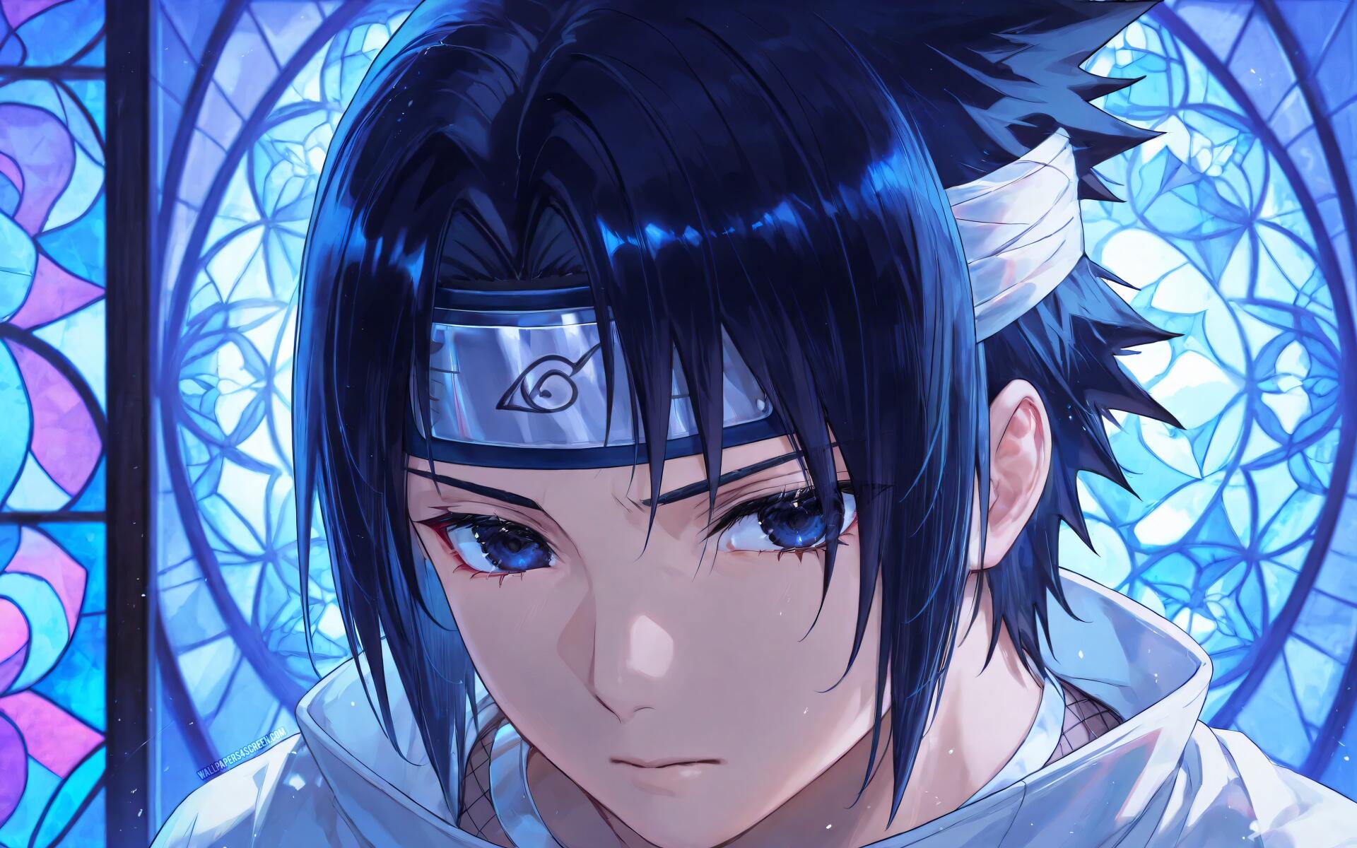 Sasuke Uchiha (Naruto) close-up portrait with blue stained-glass window backdrop and moody lighting — 4K Ultra HD PC desktop wallpaper