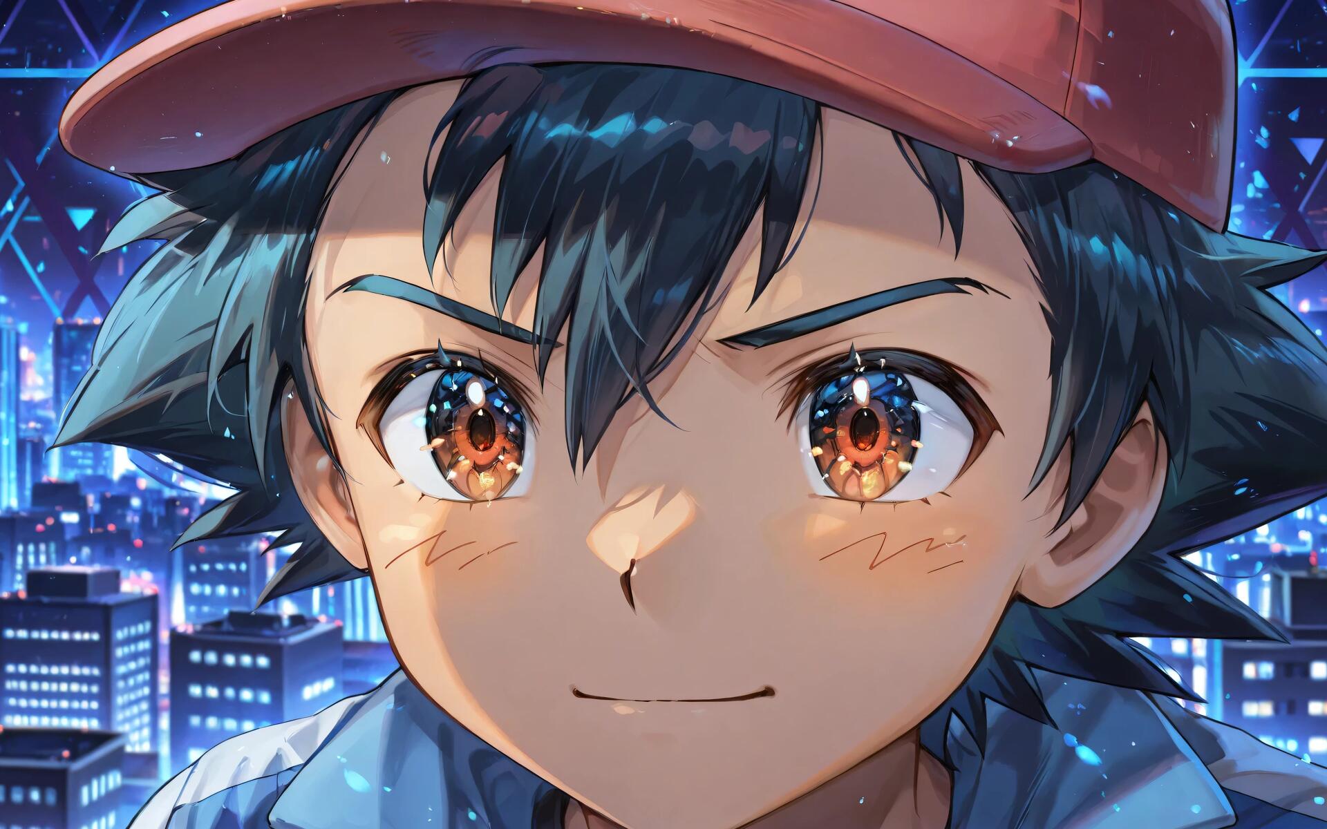 Close-up anime portrait of Ash Ketchum (Pokémon) with determined smile, glowing amber eyes and neon city backdrop — 4K Ultra HD PC desktop wallpaper/background.