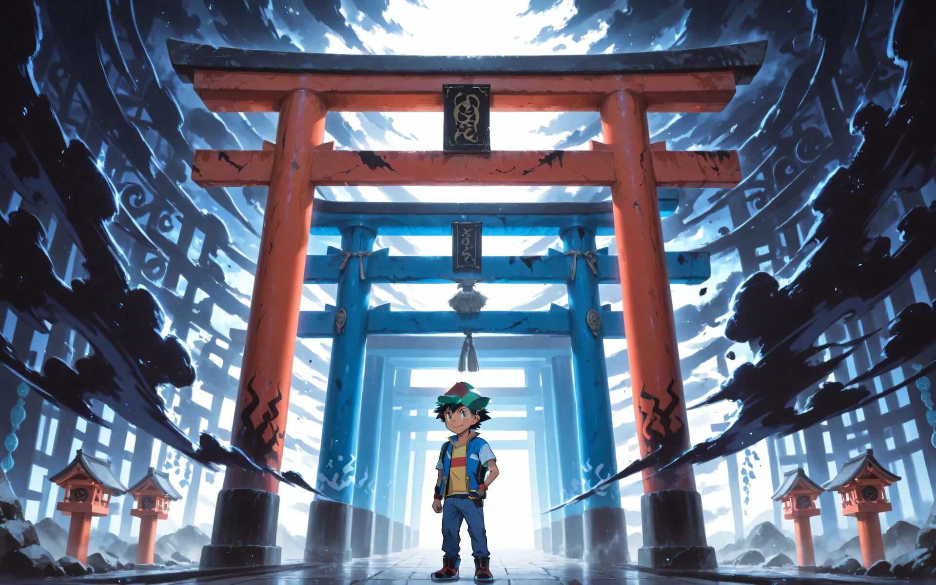 Ash Ketchum from Pokemon anime stands beneath glowing torii gates in a dramatic scene — 4K Ultra HD PC desktop wallpaper and background.