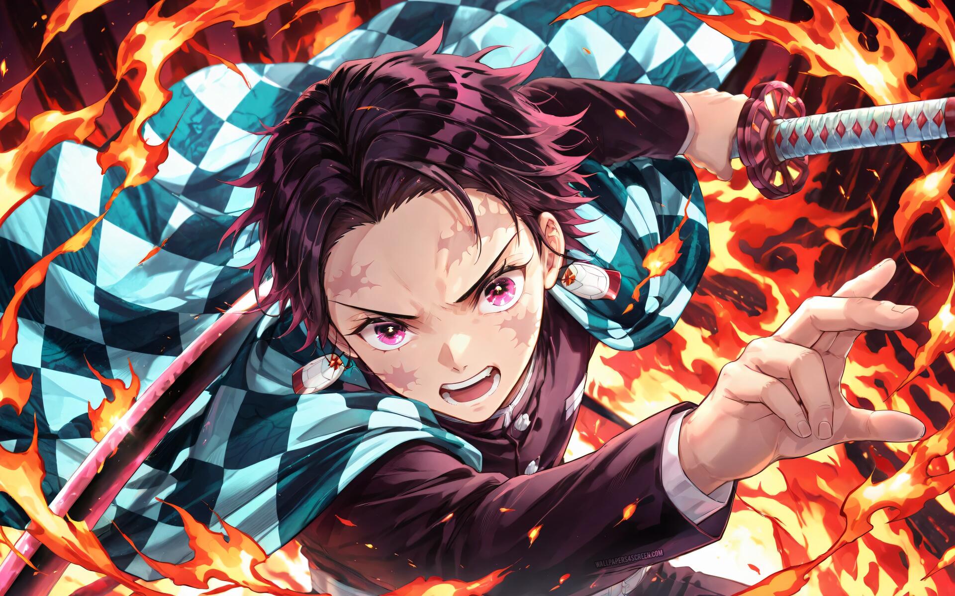 Tanjiro Kamado from anime lunges forward with sword amid roaring flames, intense gaze and checkered haori — 4K Ultra HD PC desktop wallpaper and background.