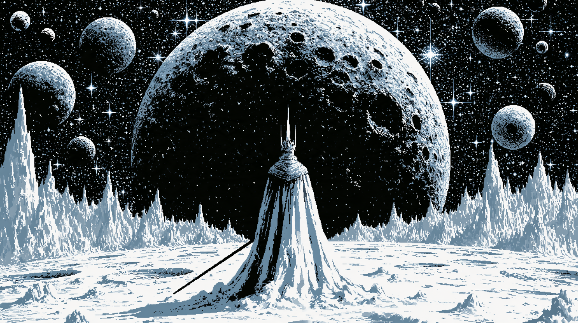 Sci‑Fi 2K Quad HD PC wallpaper: a cloaked king with a sword stands on an icy moon, jagged spires ring the horizon while multiple planets and moons loom in a starry space sky.