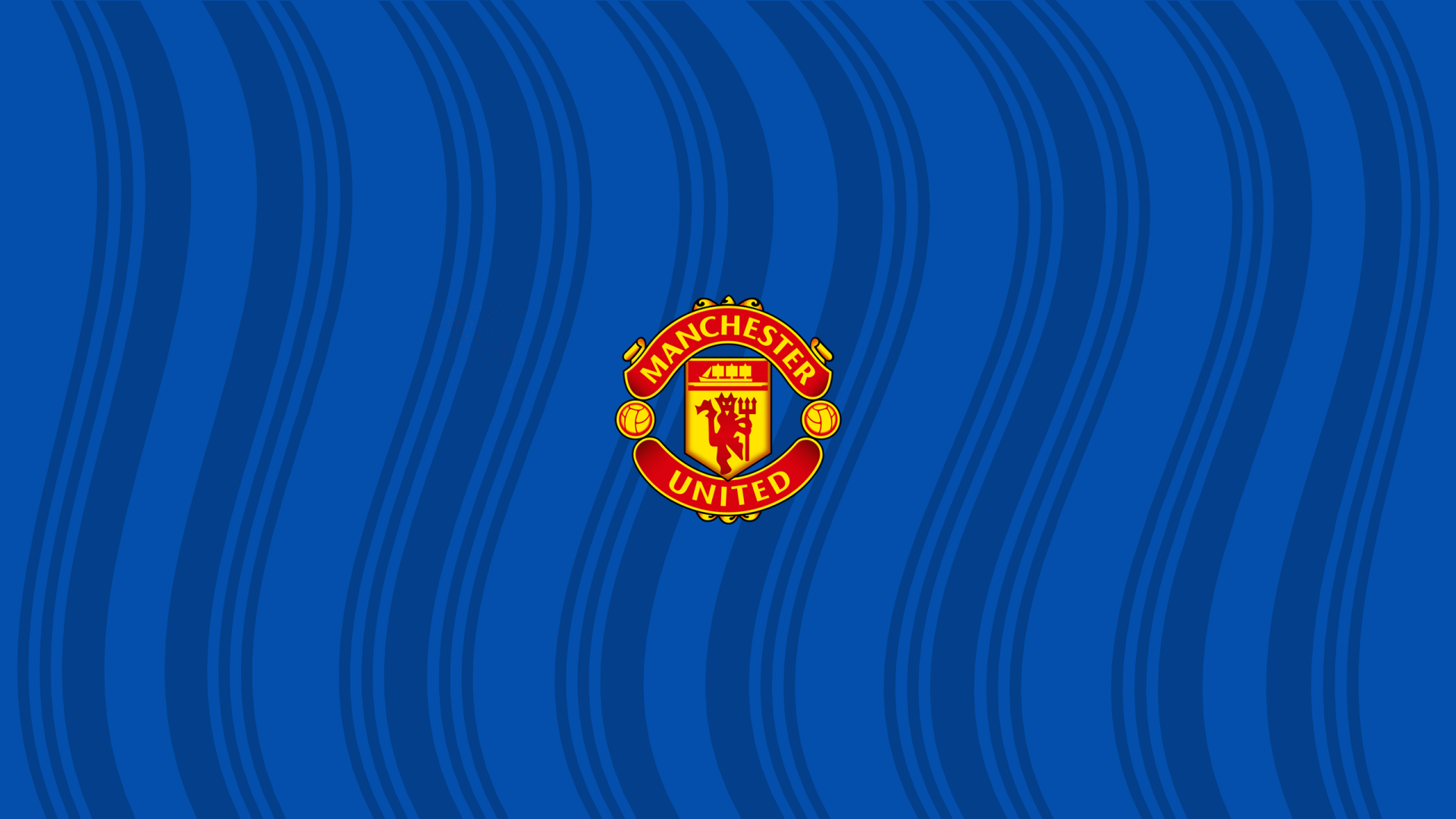 Manchester United F.C. crest centered on a blue wavy striped background — 2K Quad HD PC desktop wallpaper.