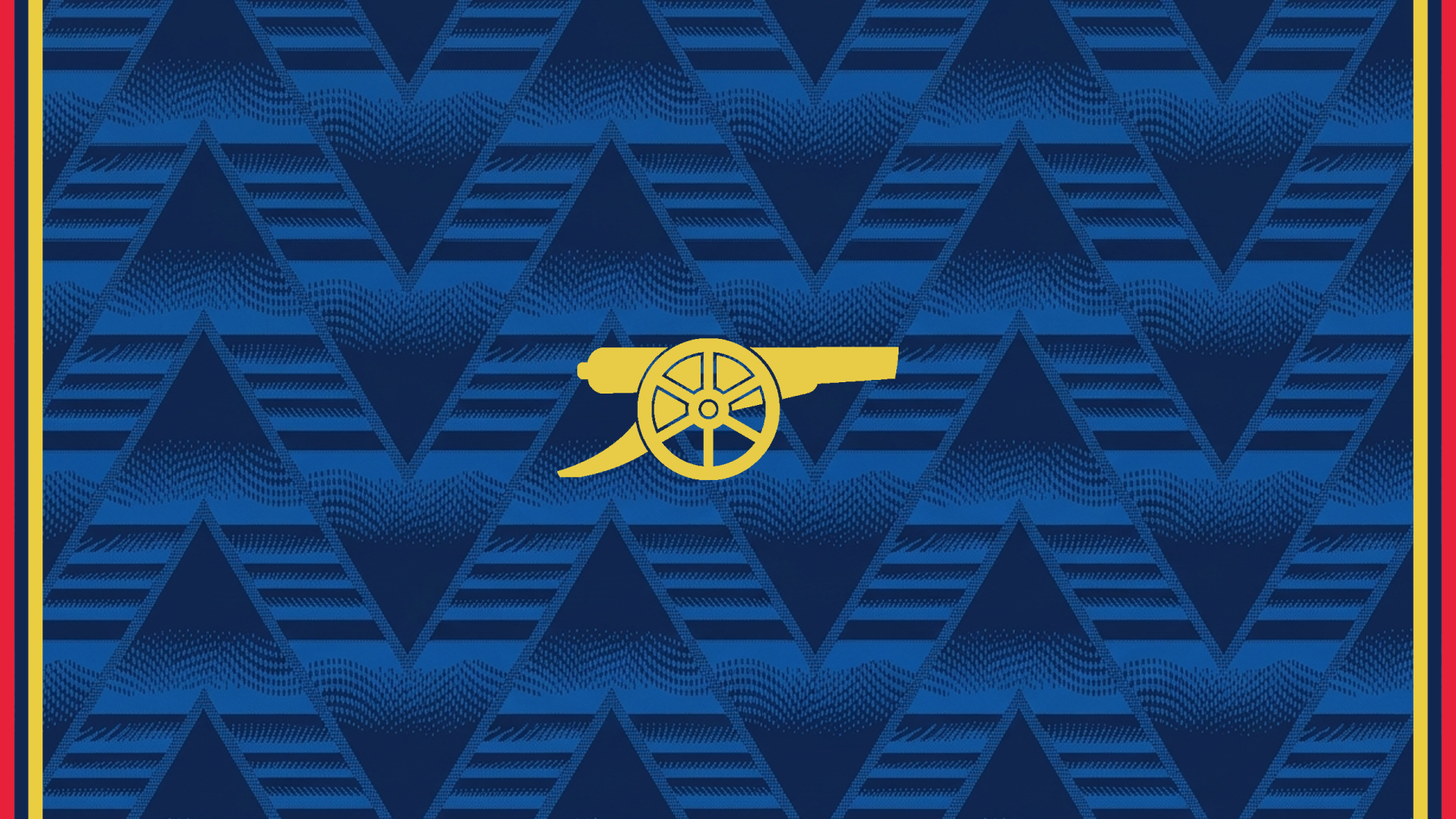 Golden Arsenal F.C. cannon logo centered on a textured blue geometric 2K Quad HD PC desktop wallpaper background.