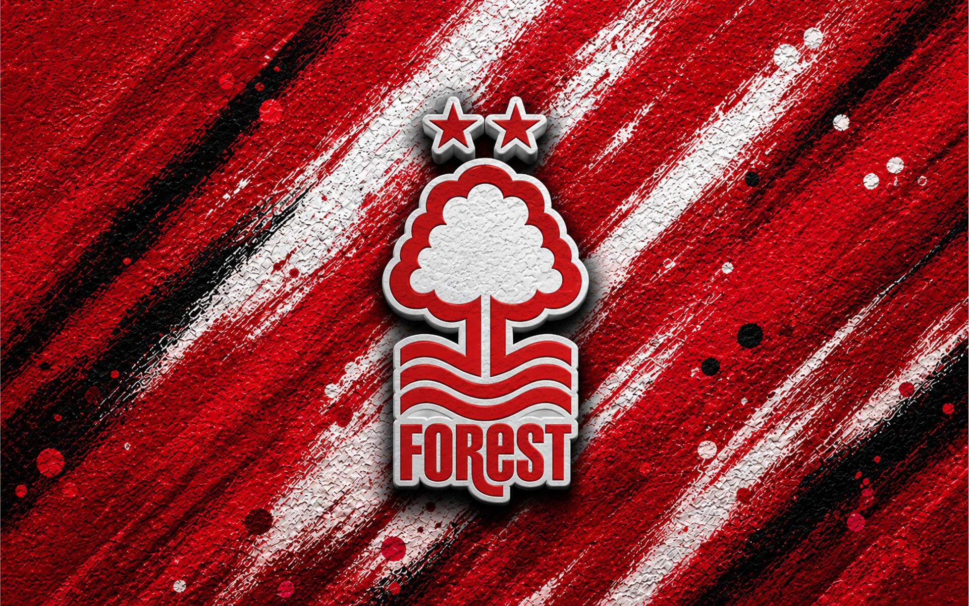 Nottingham Forest F.C. logo with two-star tree crest centered on red-and-white brushed streaks — 4K Ultra HD PC desktop wallpaper background.
