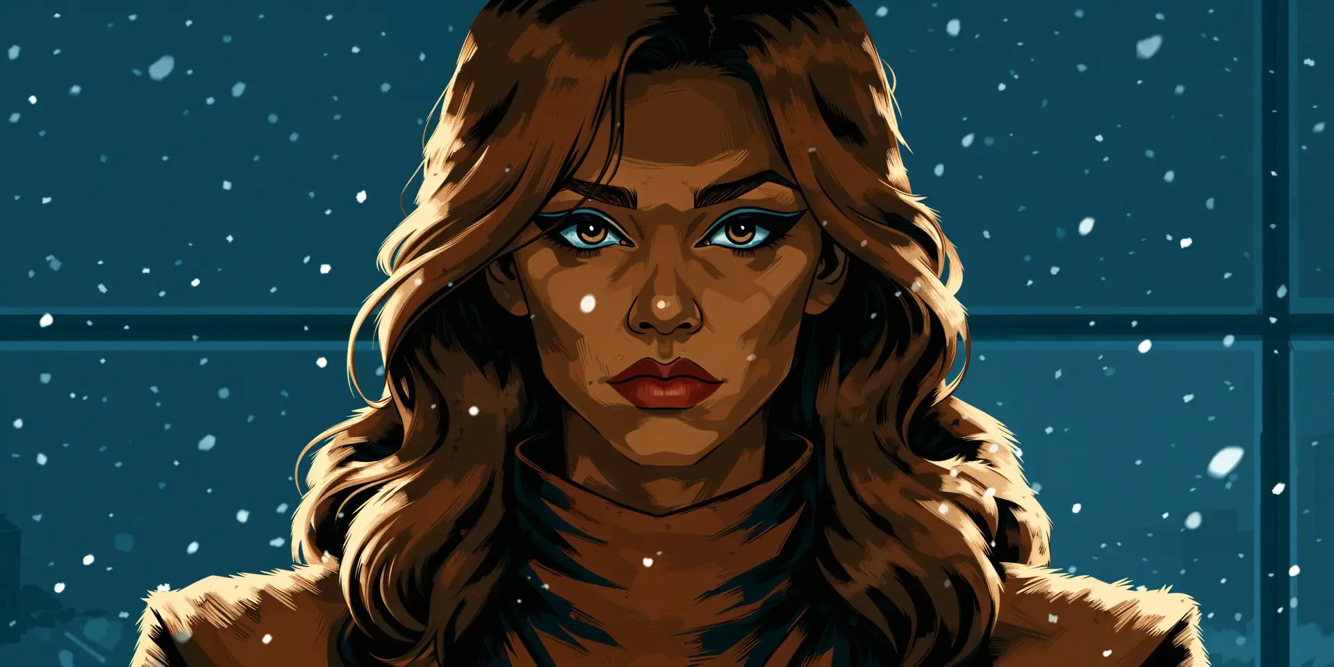 Close-up stylized portrait of a confident woman with flowing brown hair and blue eyes against a snowy teal backdrop, 4K Ultra HD PC desktop wallpaper.