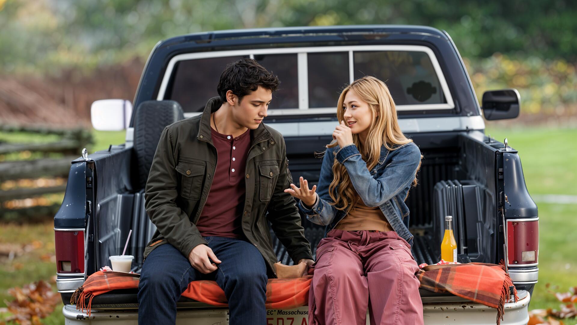 4K Ultra HD PC wallpaper: a couple sitting on a pickup truck tailgate, tagged Crew Girl and Netflix, sharing a quiet moment outdoors.