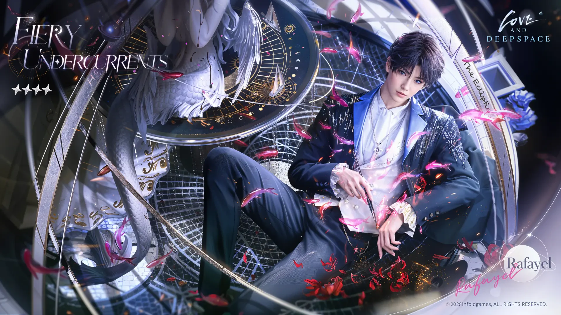 4K Ultra HD anime desktop wallpaper of Rafayel: a suited man floating in deepspace amid rose petals, neon circuitry and romantic Love and Deepspace motifs.