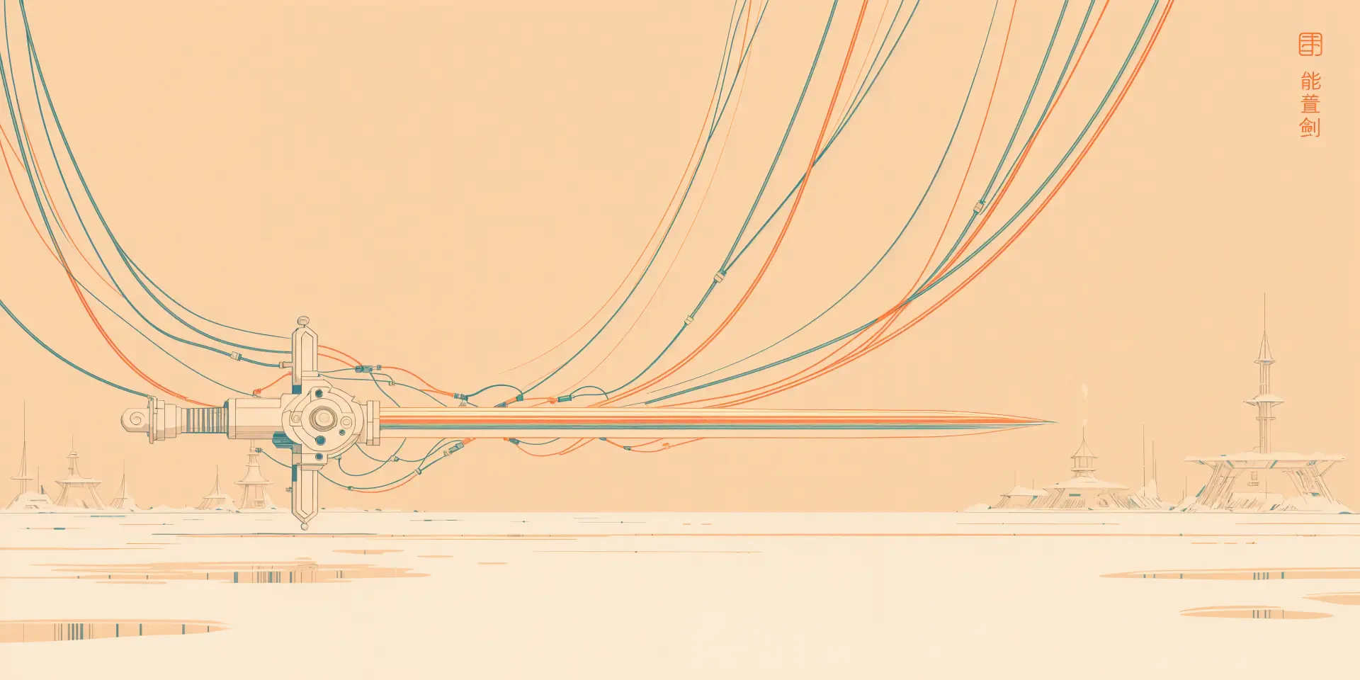 Abstract technology 4K Ultra HD PC desktop wallpaper depicting a sleek energy sword with flowing circuit-like cables over a minimalist beige background.
