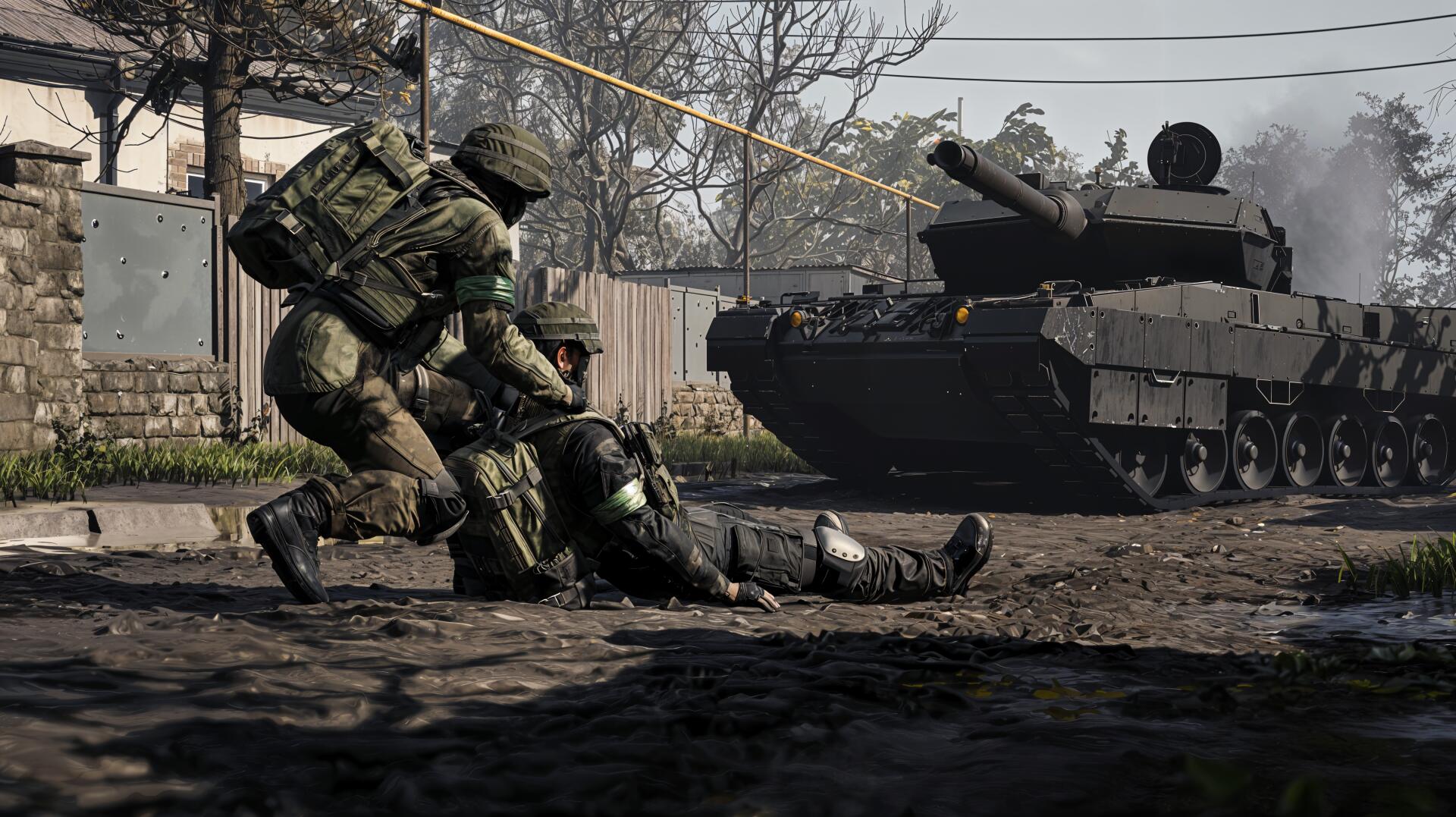 WARDOGS Team17 4K PC wallpaper: military combat scene of soldiers aiding a wounded comrade beside an armored tank in a muddy, war-torn urban landscape.