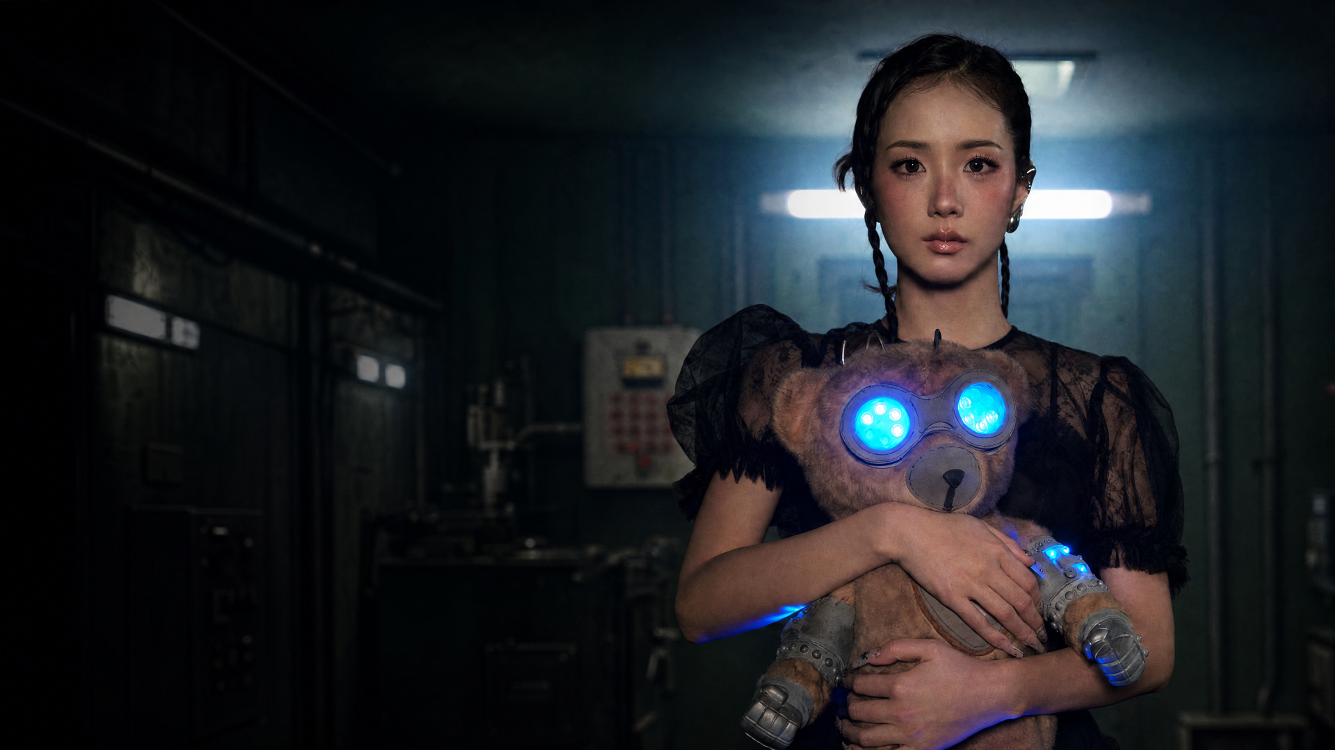 4K Ultra HD PC desktop wallpaper: a woman clutching a glowing-eyed robotic doll in a dim industrial corridor, moody cinematic lighting; tagged with CLICK.