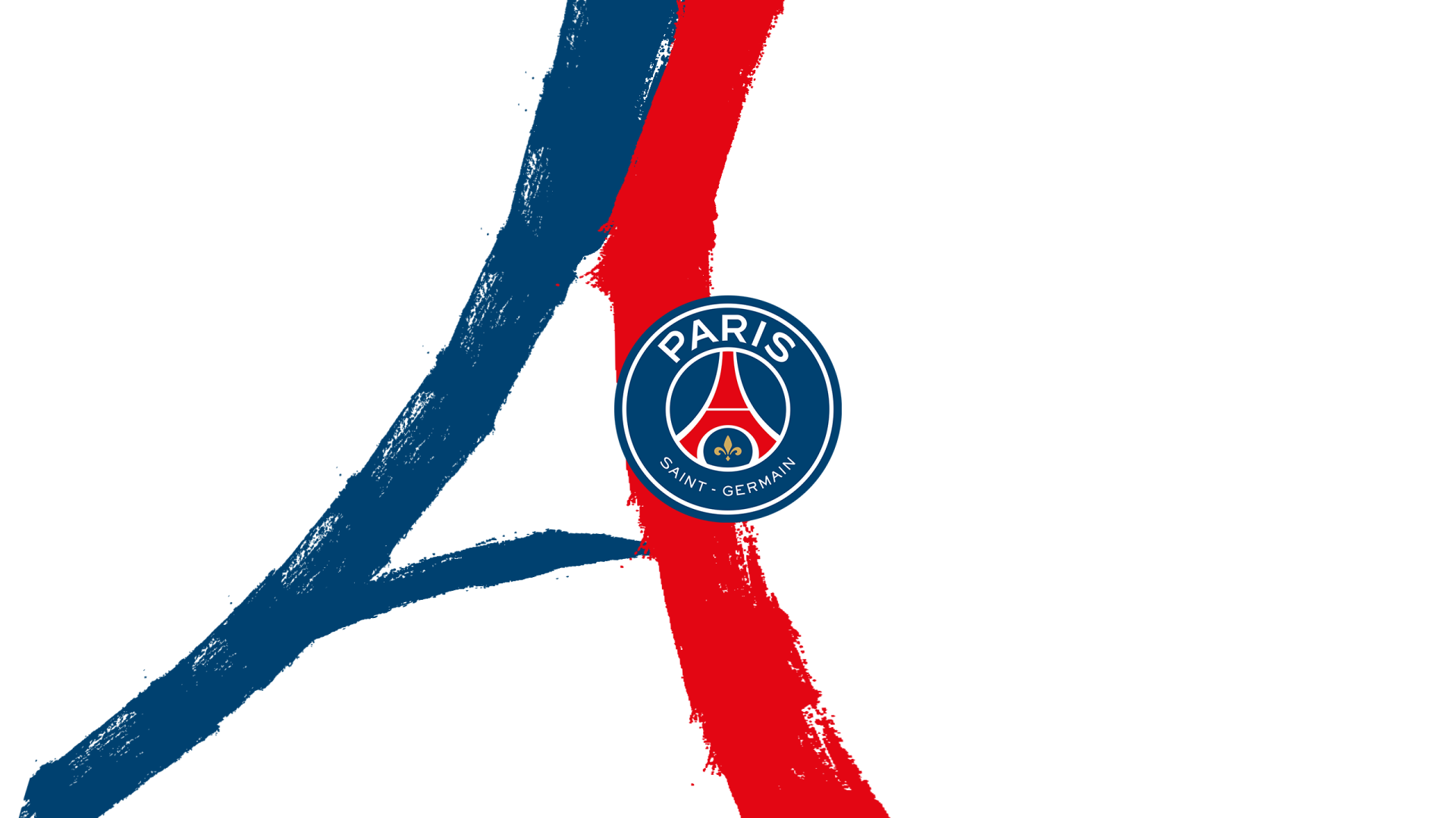 Paris Saint-Germain F.C. logo on a white background with a blue and red brush‑stroke A motif — 2K Quad HD PC desktop wallpaper/background