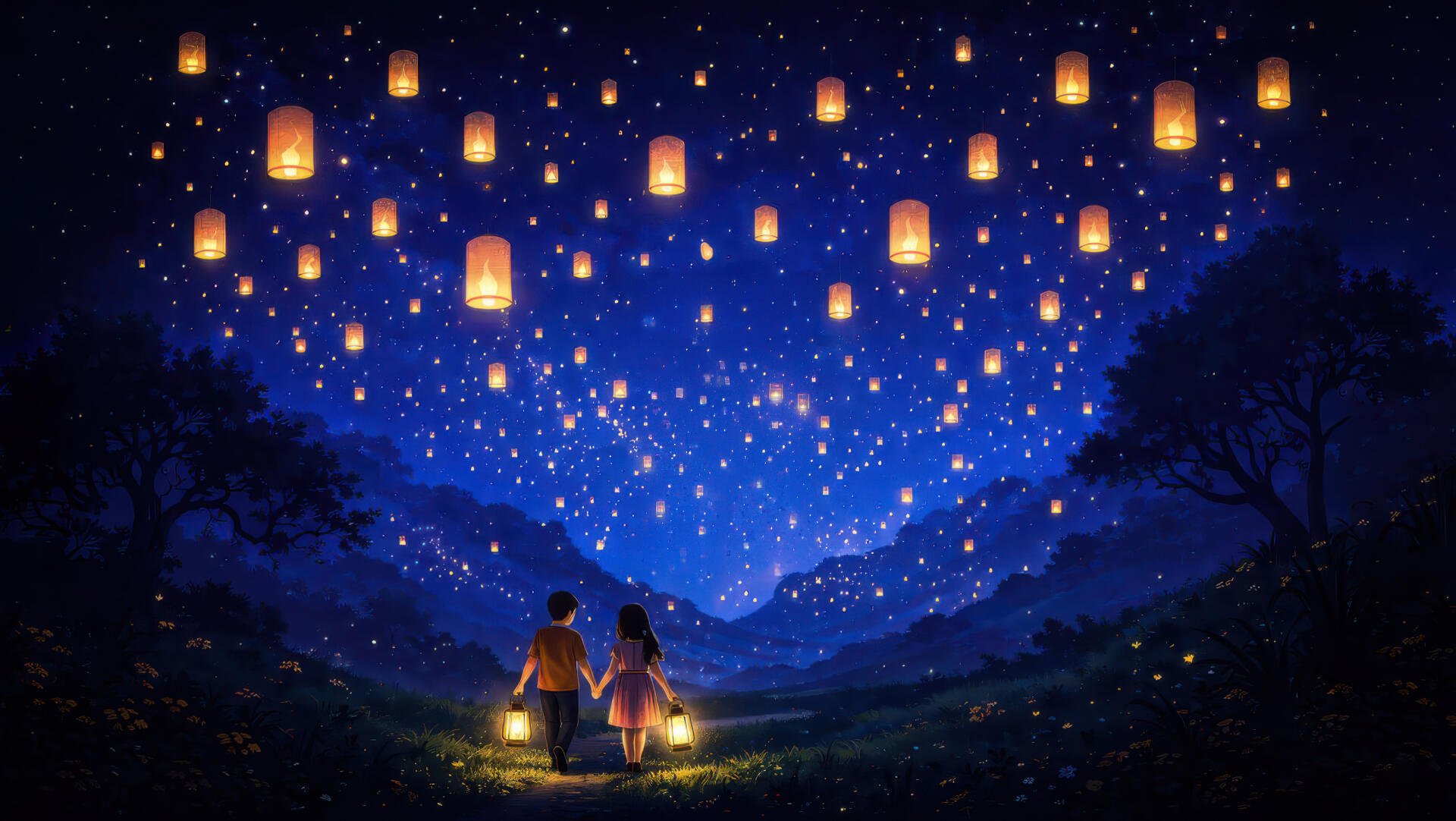 4K Ultra HD PC desktop wallpaper: Columbina (Genshin Impact) and a companion sit in a meadow holding lanterns beneath a star-filled sky dotted with floating sky lanterns.