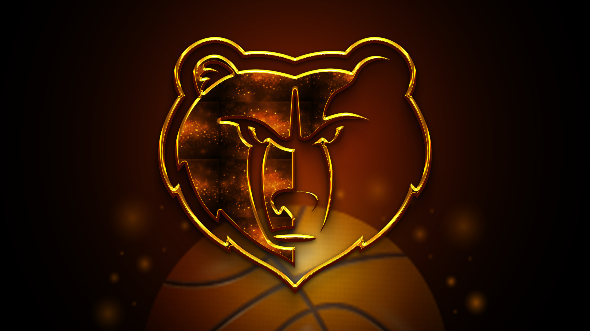 Gold-glow Memphis Grizzlies bear logo over a basketball, warm amber lighting — 4K Ultra HD NBA PC desktop wallpaper and background.