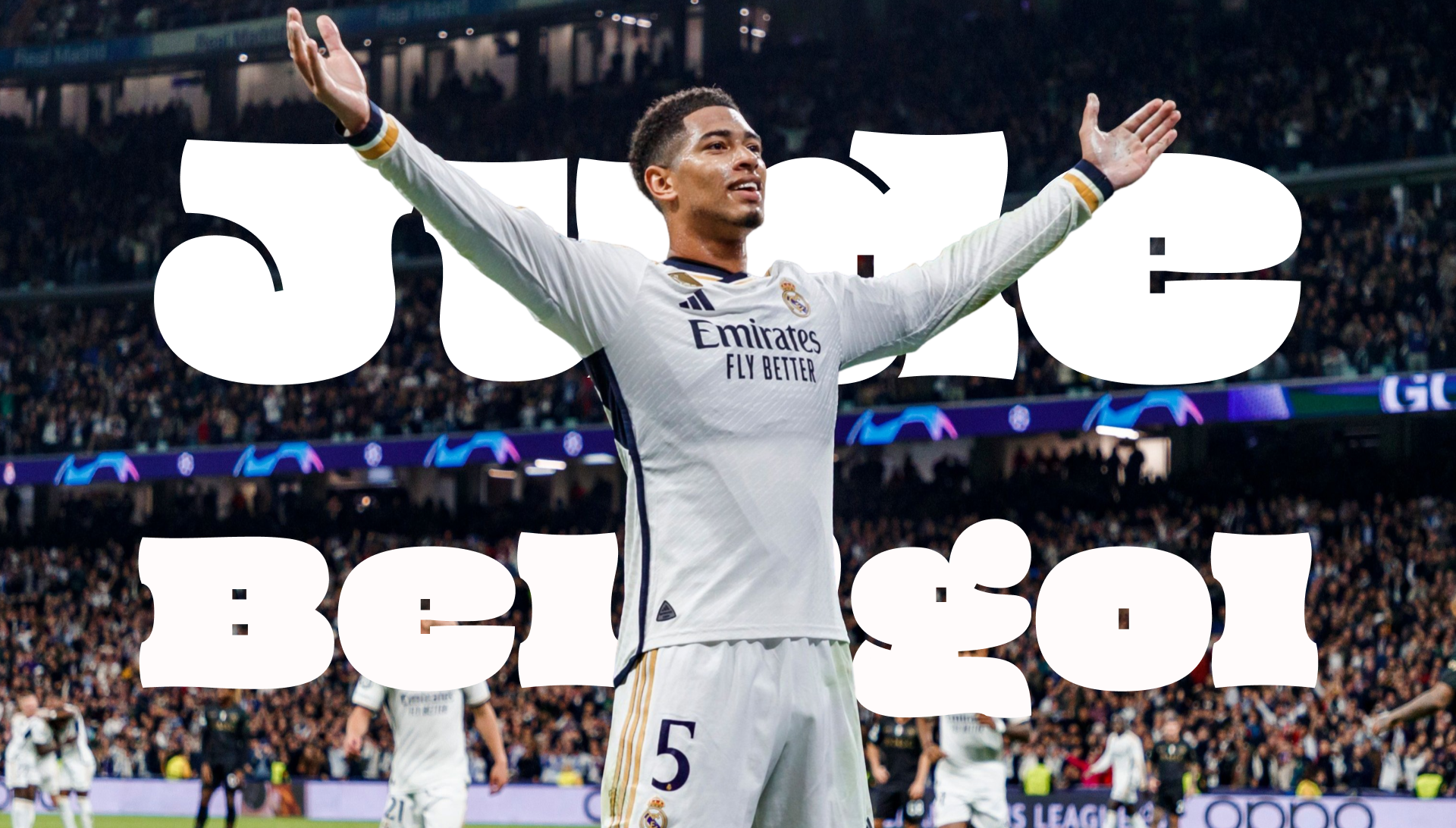 HD PC desktop wallpaper: Real Madrid C.F. player in white kit celebrating with arms outstretched before a roaring stadium crowd.