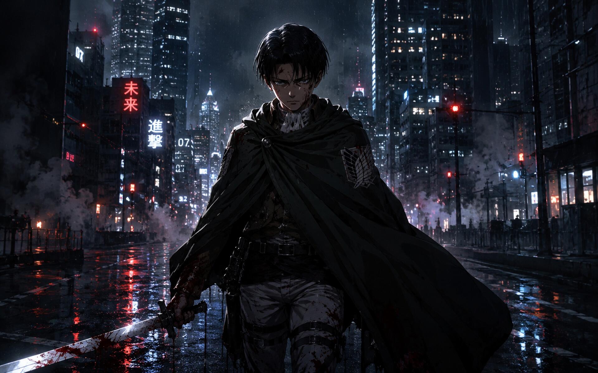 4K Ultra HD PC desktop wallpaper: anime depiction of Levi Ackerman striding through a rain-soaked neon city at night, cape billowing, blade drawn, reflections on wet streets.