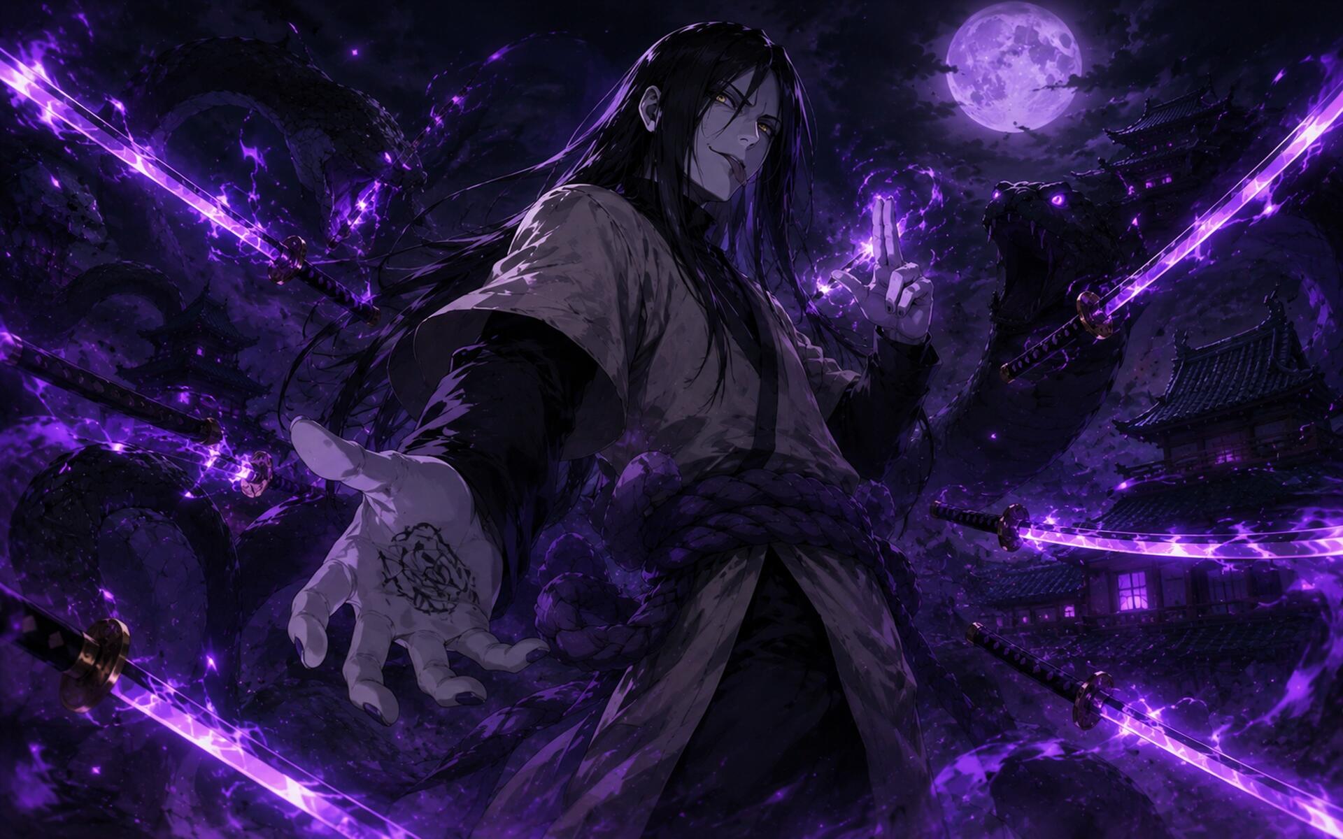 Orochimaru (Naruto) under a full moon, purple serpentine energy spiraling around him in a dark, ominous anime scene — 4K Ultra HD PC desktop wallpaper/background.
