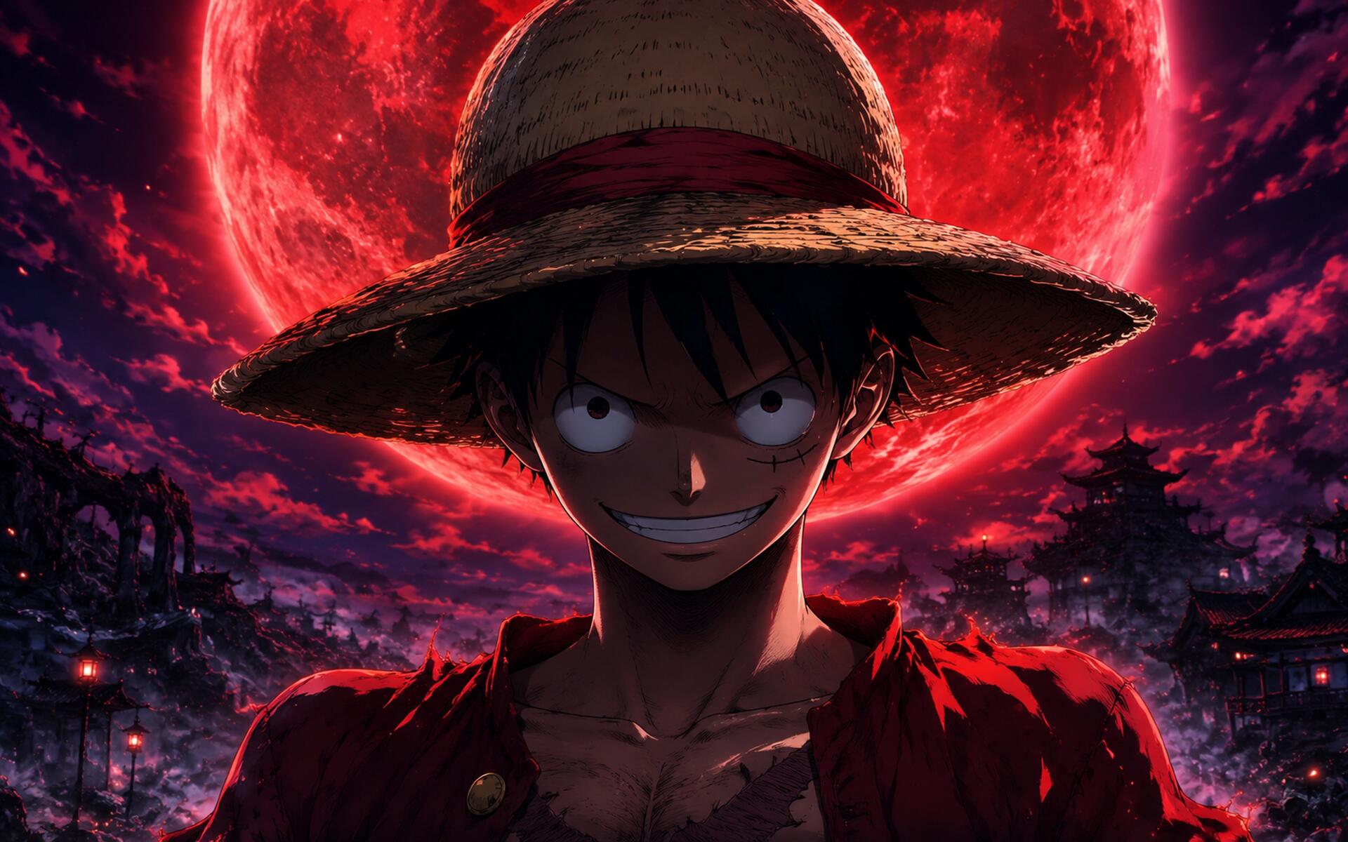 Monkey D. Luffy (One Piece) stares from shadow under his straw hat with a blood-red moon behind him — dramatic 4K Ultra HD PC desktop wallpaper/background.