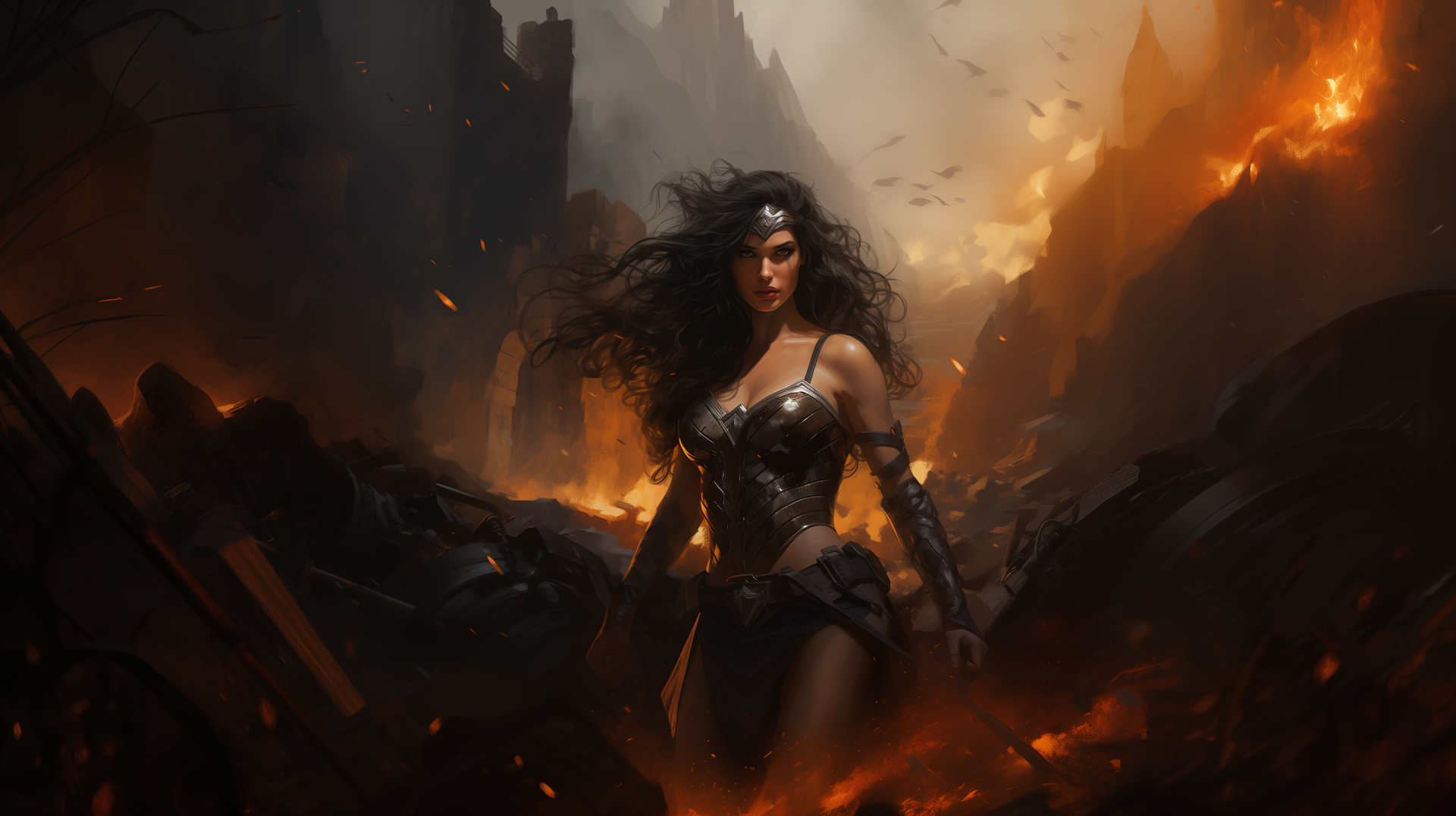 Comic-style digital art 2K Quad HD PC desktop wallpaper: armored warrior woman with dark hair strides through a fiery volcanic battlefield under ash-filled skies.