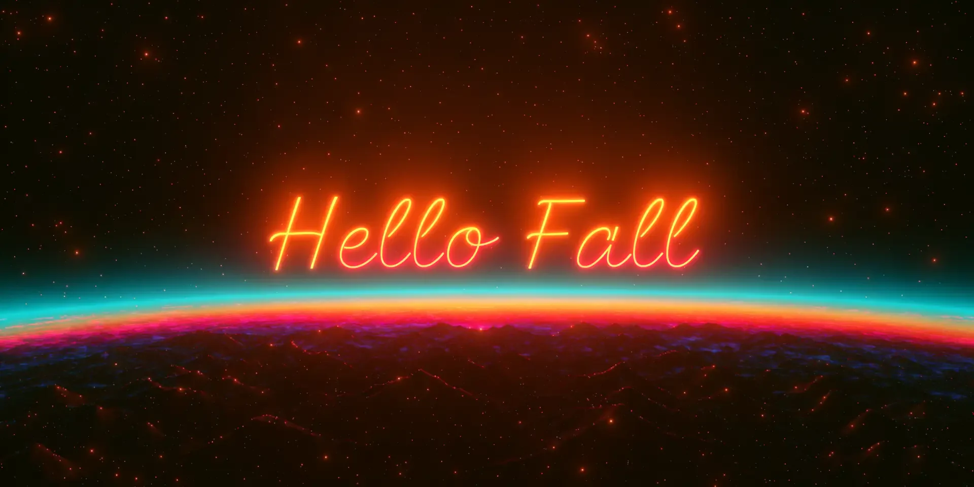 Neon Hello Fall glowing over a colorful horizon on a dark starry background — 2K Quad HD PC desktop wallpaper and background, fall.