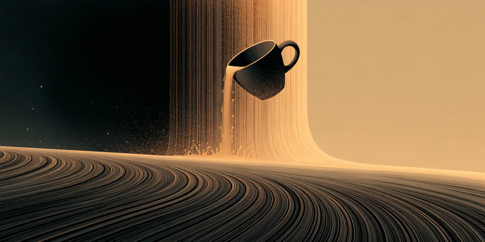 Abstract Espresso Fall 2K Quad HD PC desktop wallpaper: a mug pouring espresso like a golden waterfall over a rippled, surreal landscape.