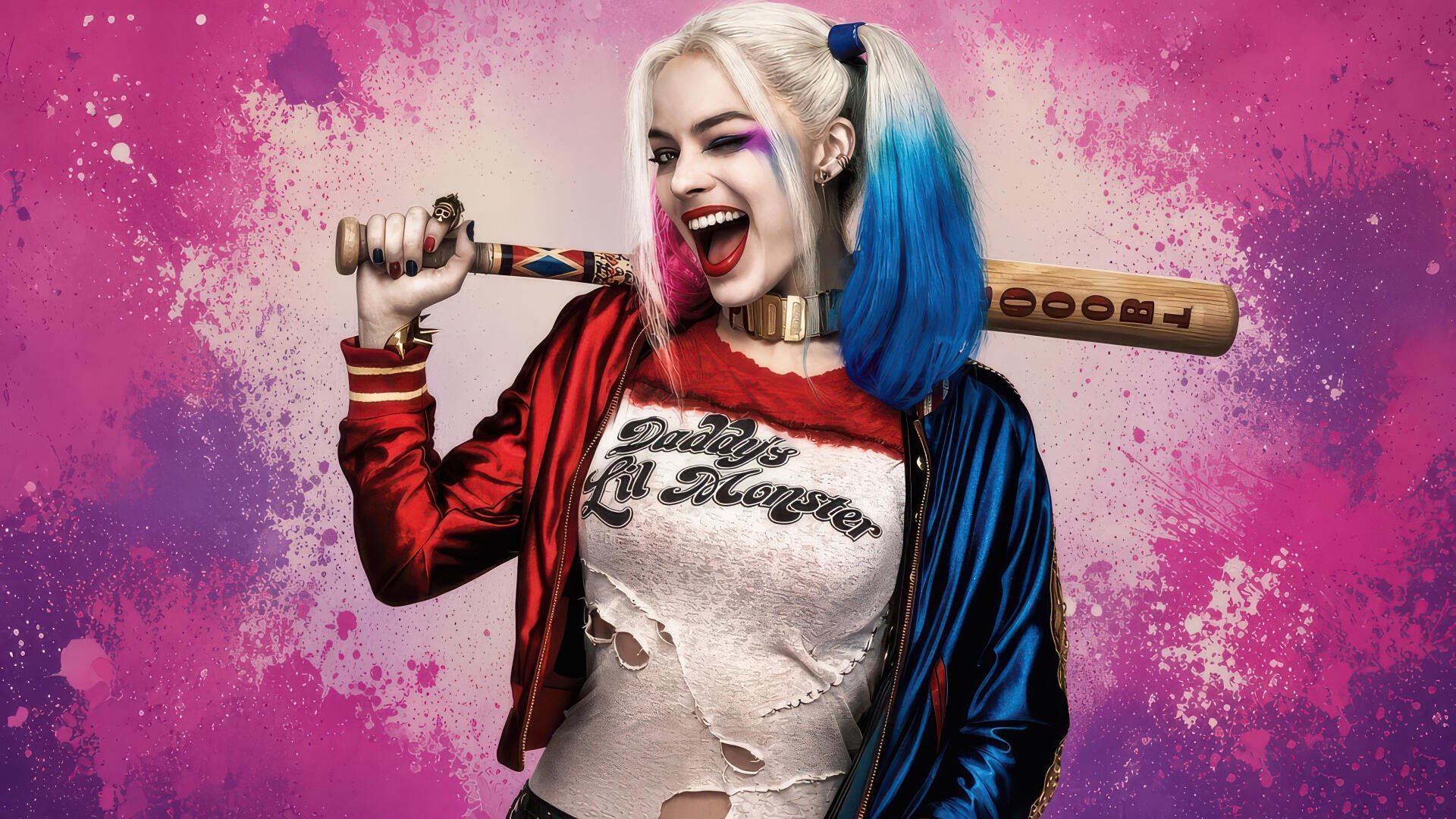 Vibrant digital art of Harley Quinn in red and blue jacket, blue and pink pigtails, laughing and holding a baseball bat against a pink splatter backdrop — 4K Ultra HD PC desktop wallpaper/background.