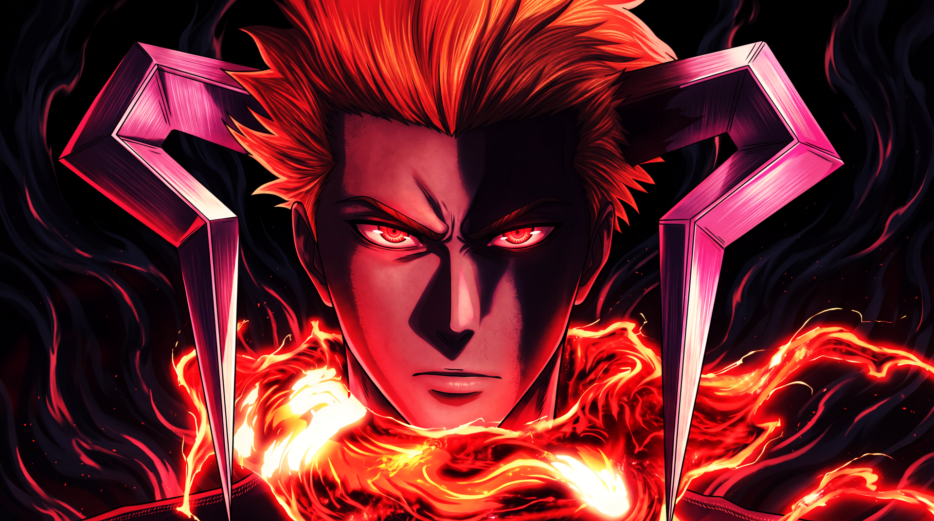 5K Ultra HD anime wallpaper: Ichigo Kurosaki from Bleach: Thousand-Year Blood War with bankai unleashed, glowing red eyes and swirling fiery aura.