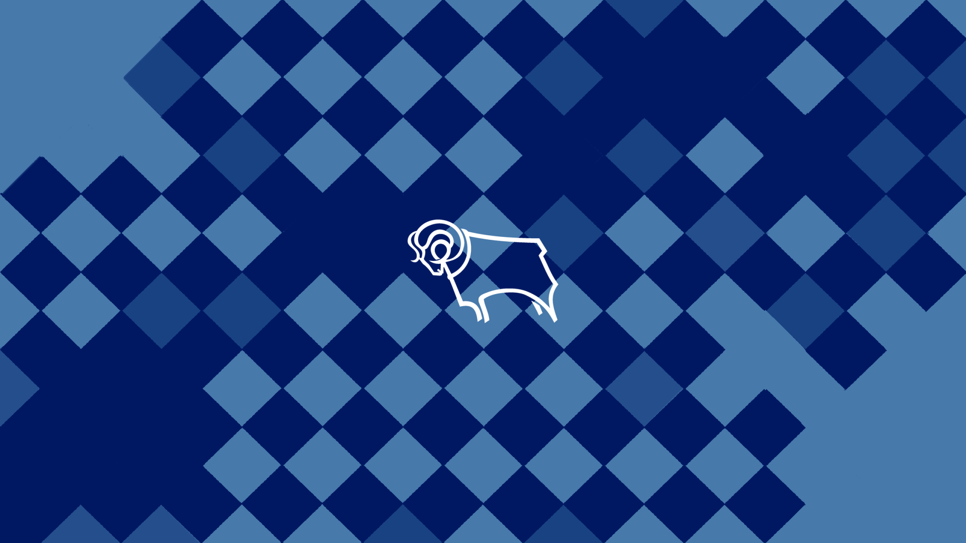 Derby County F.C. white ram logo centered on a blue geometric diamond pattern — 2K Quad HD PC desktop wallpaper/background.