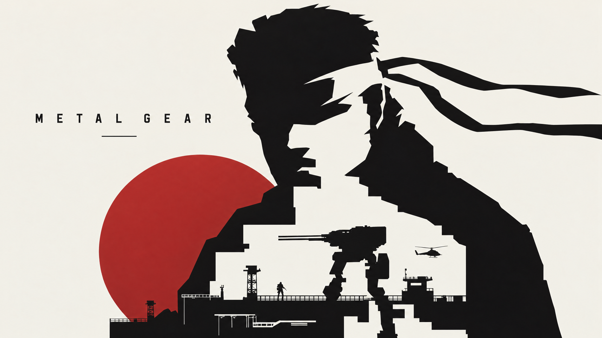 Metal Gear video game 4K Ultra HD PC wallpaper: silhouette of a soldier with a flowing bandana, layered with an industrial base and a walking mecha against a red sun.
